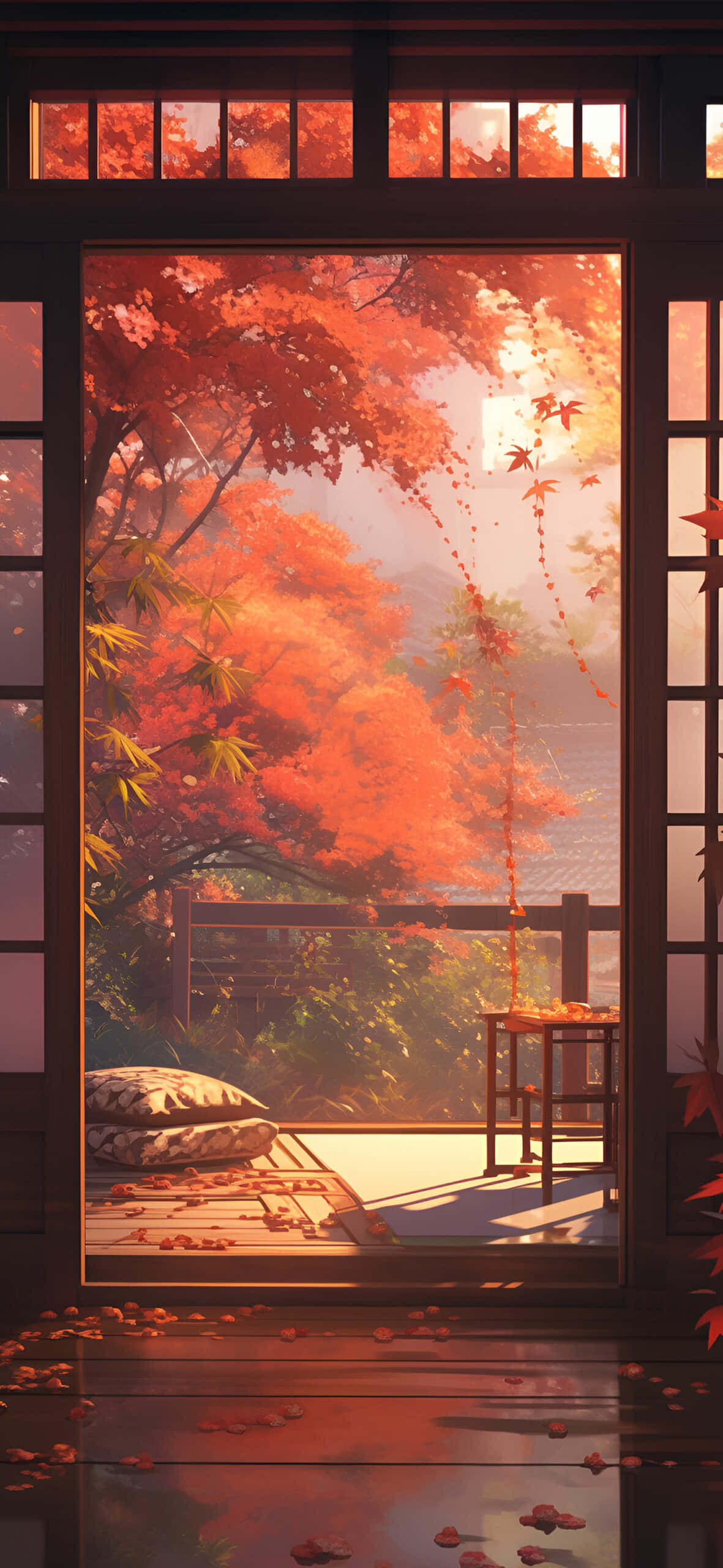 traditional wooden door, serene autumn garden, warm golden light, 2K Phone Wallpaper