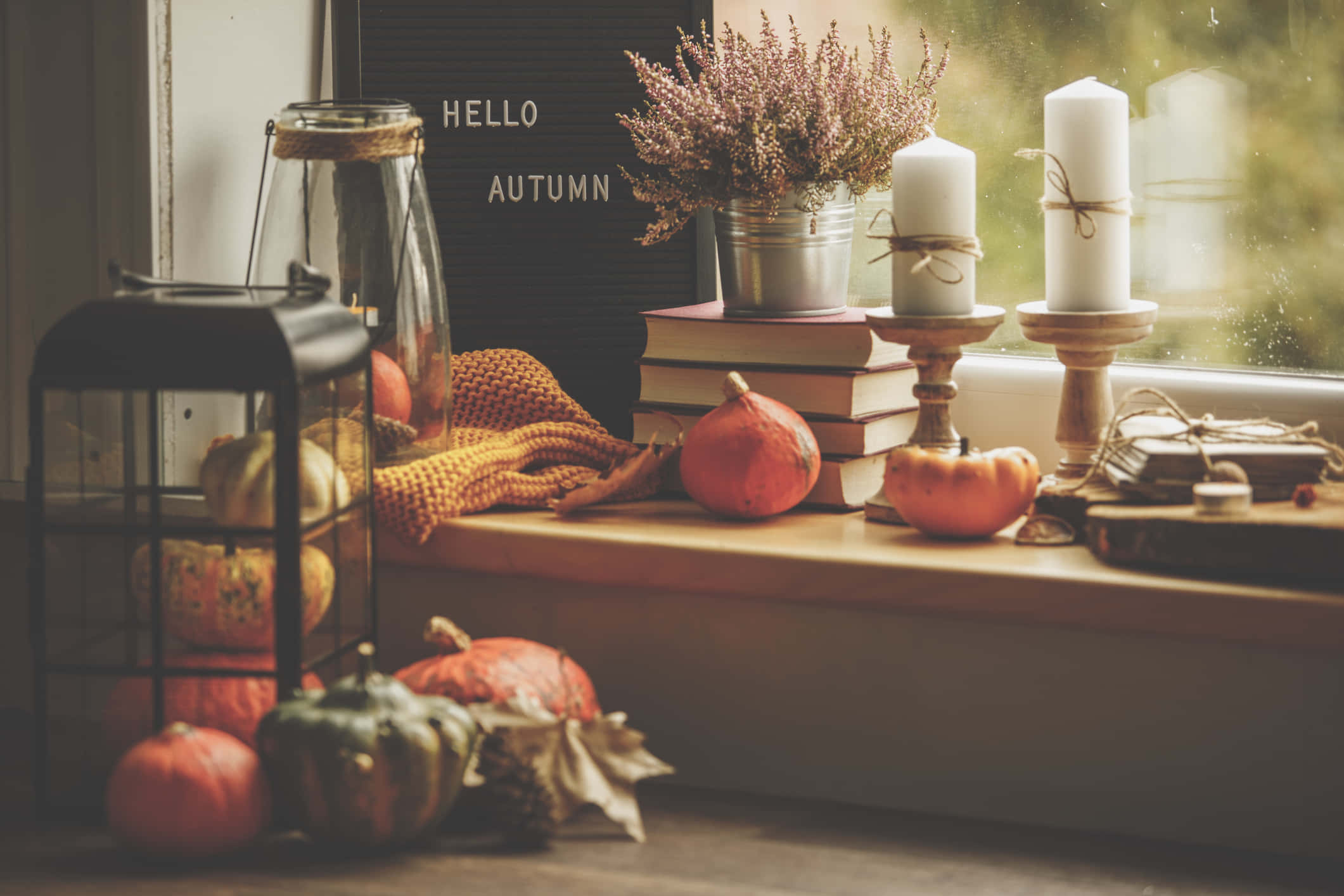 cozy autumn window decor, pumpkins, candles, Full HD Desktop Wallpaper