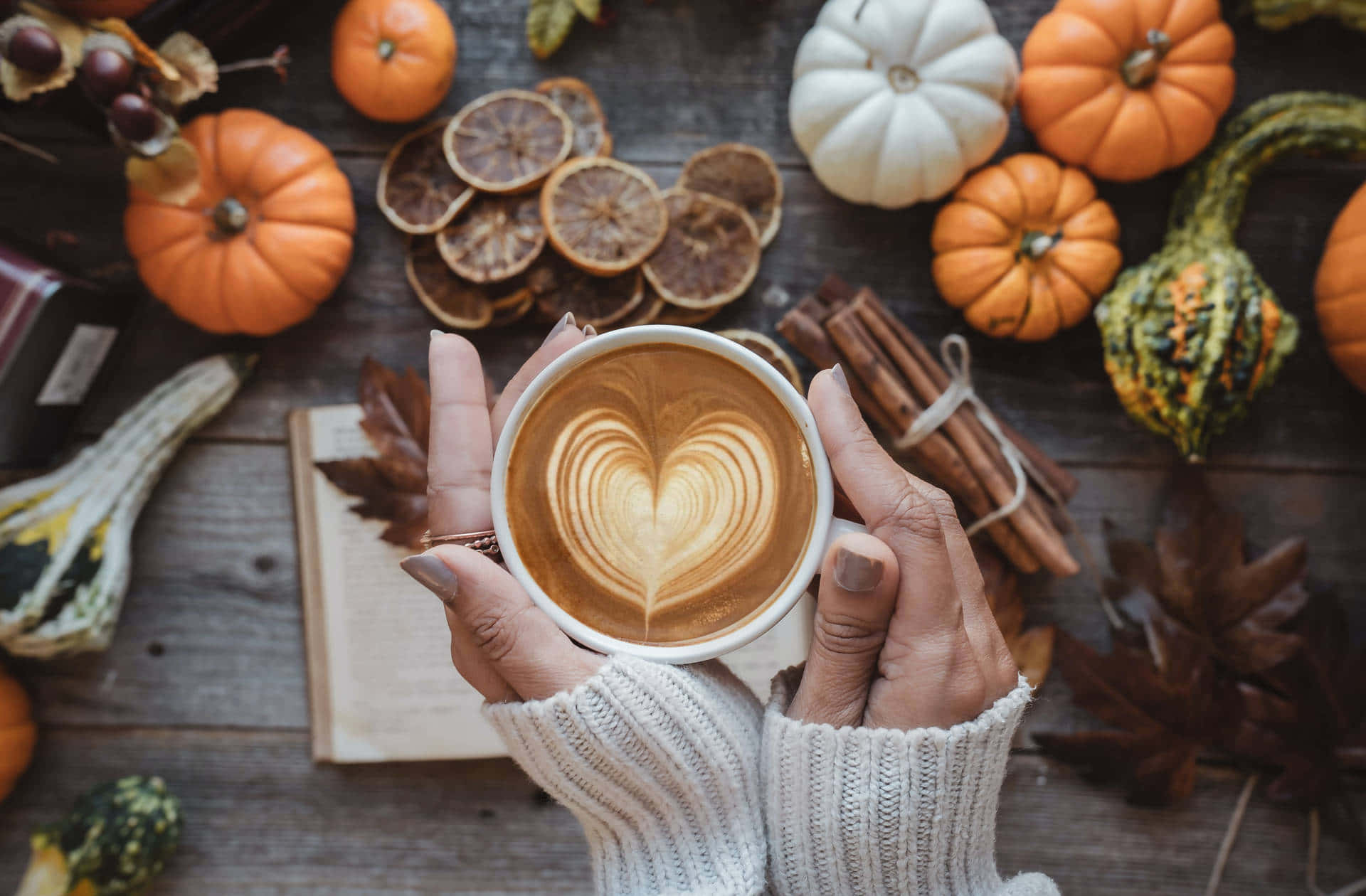 heart-shaped latte, autumn pumpkins, dried citrus, Full HD Desktop Wallpaper