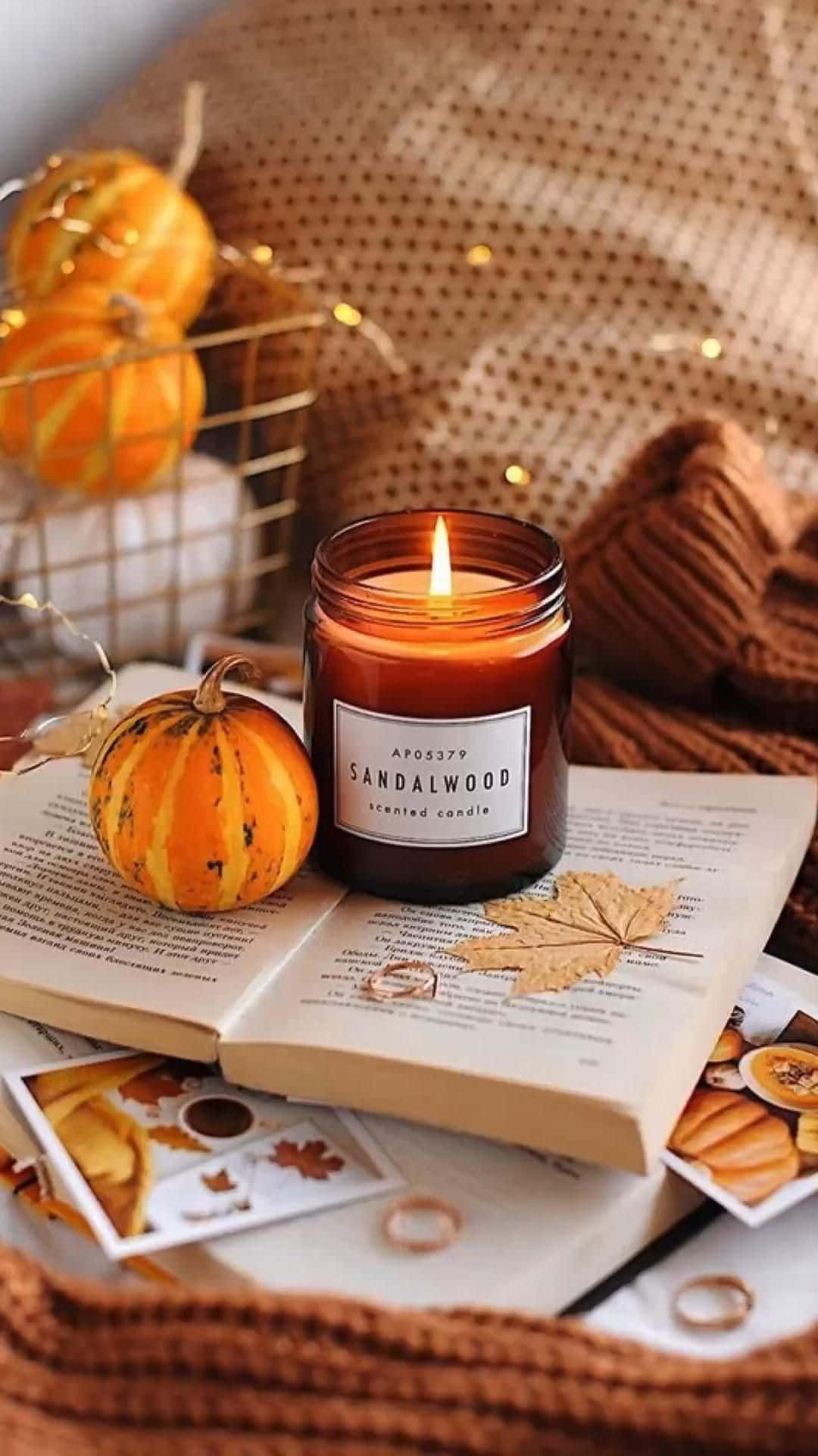 sandalwood candle, open book, pumpkins, Full HD Phone Wallpaper