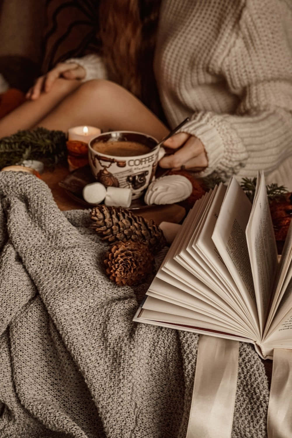 cozy sweater, textured blanket, open book, HD Phone Wallpaper