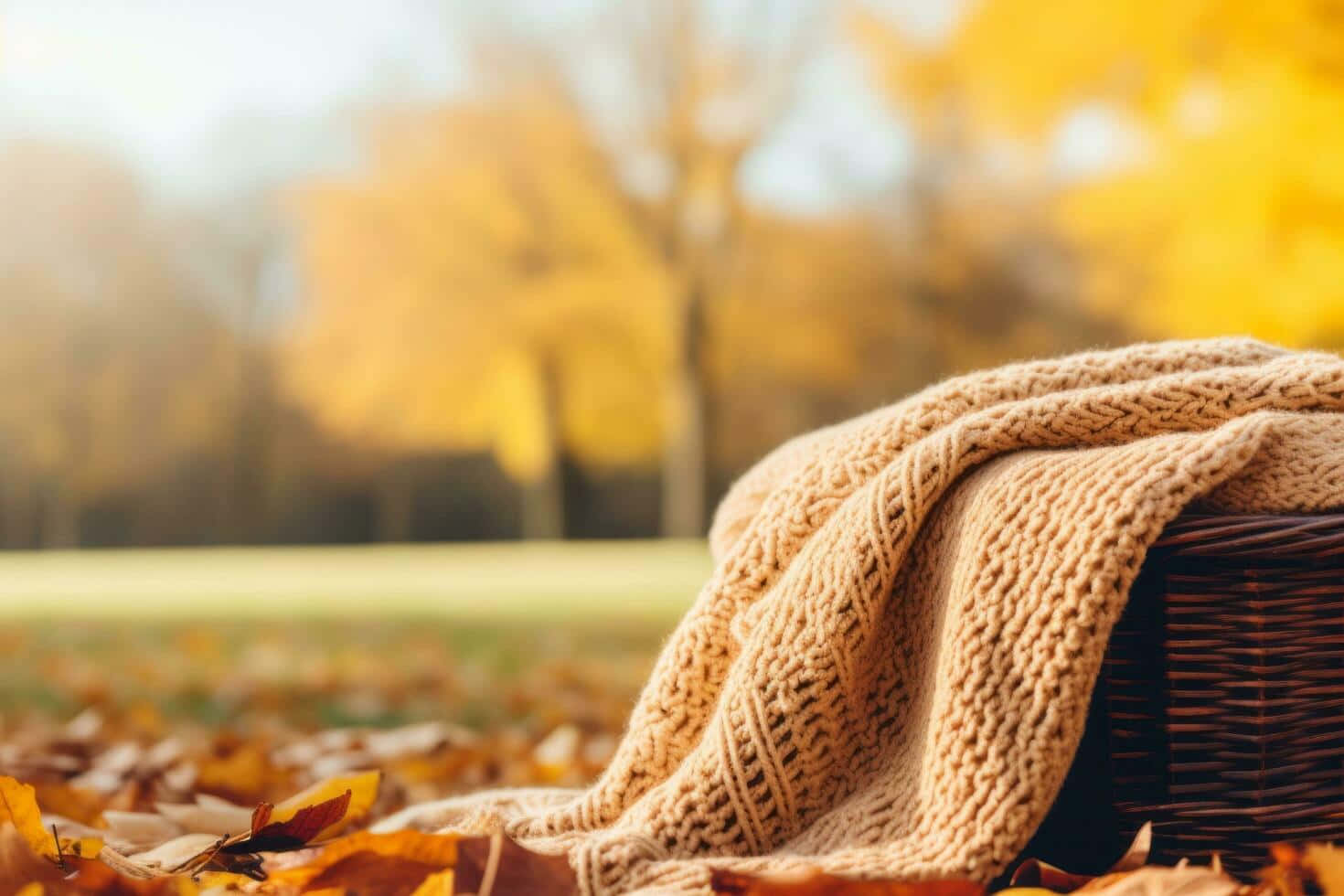 beige knitted blanket, wicker basket, golden autumn leaves, HD Desktop Wallpaper
