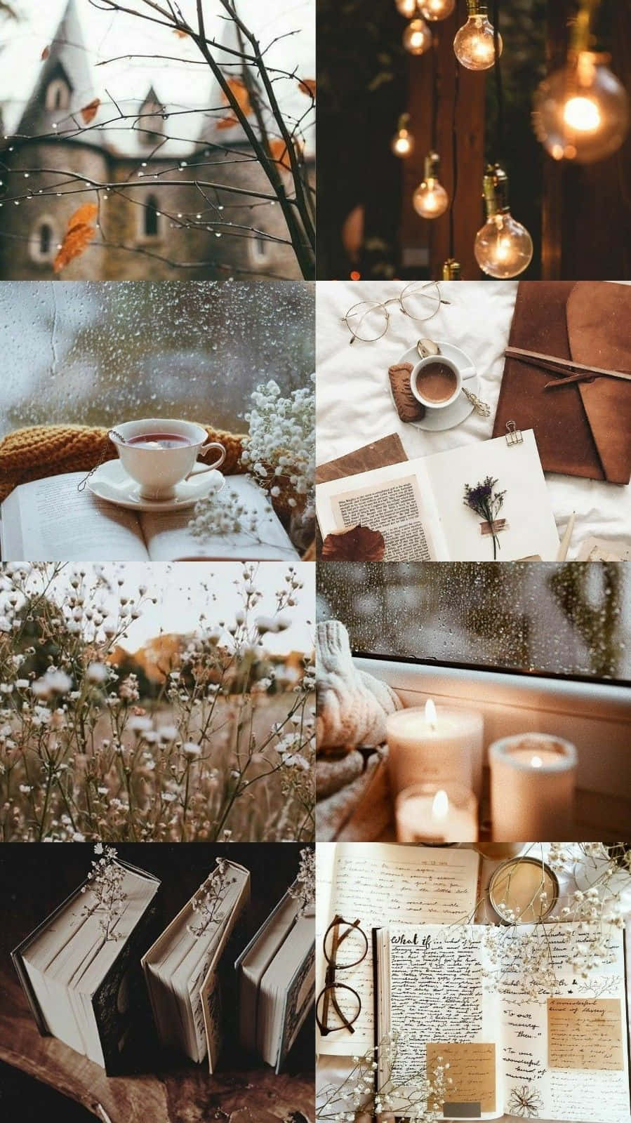 autumn comfort collage, tea candles, books, HD Phone Wallpaper