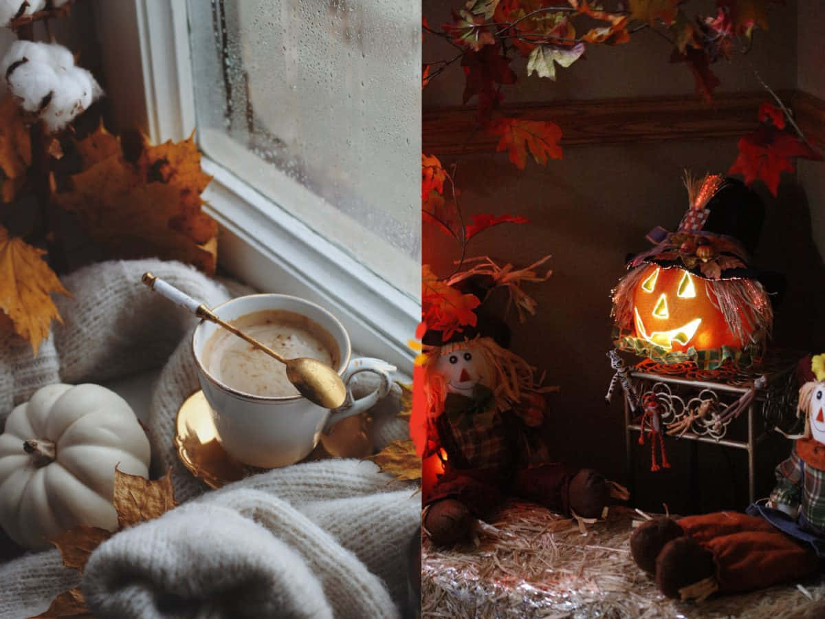 steaming coffee, foggy window, white pumpkin, SD Desktop Wallpaper