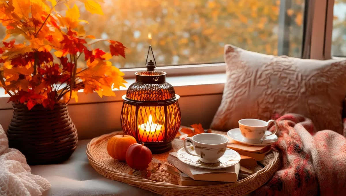 autumn leaves, lit lantern, teacups, SD Desktop Wallpaper