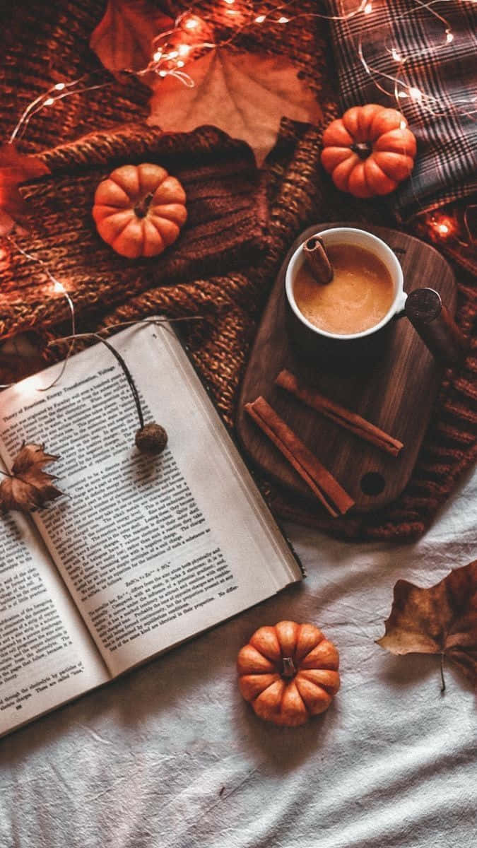 autumn readingand relaxation, cinnamon sticks, pumpkin spice latte, SD Phone Wallpaper