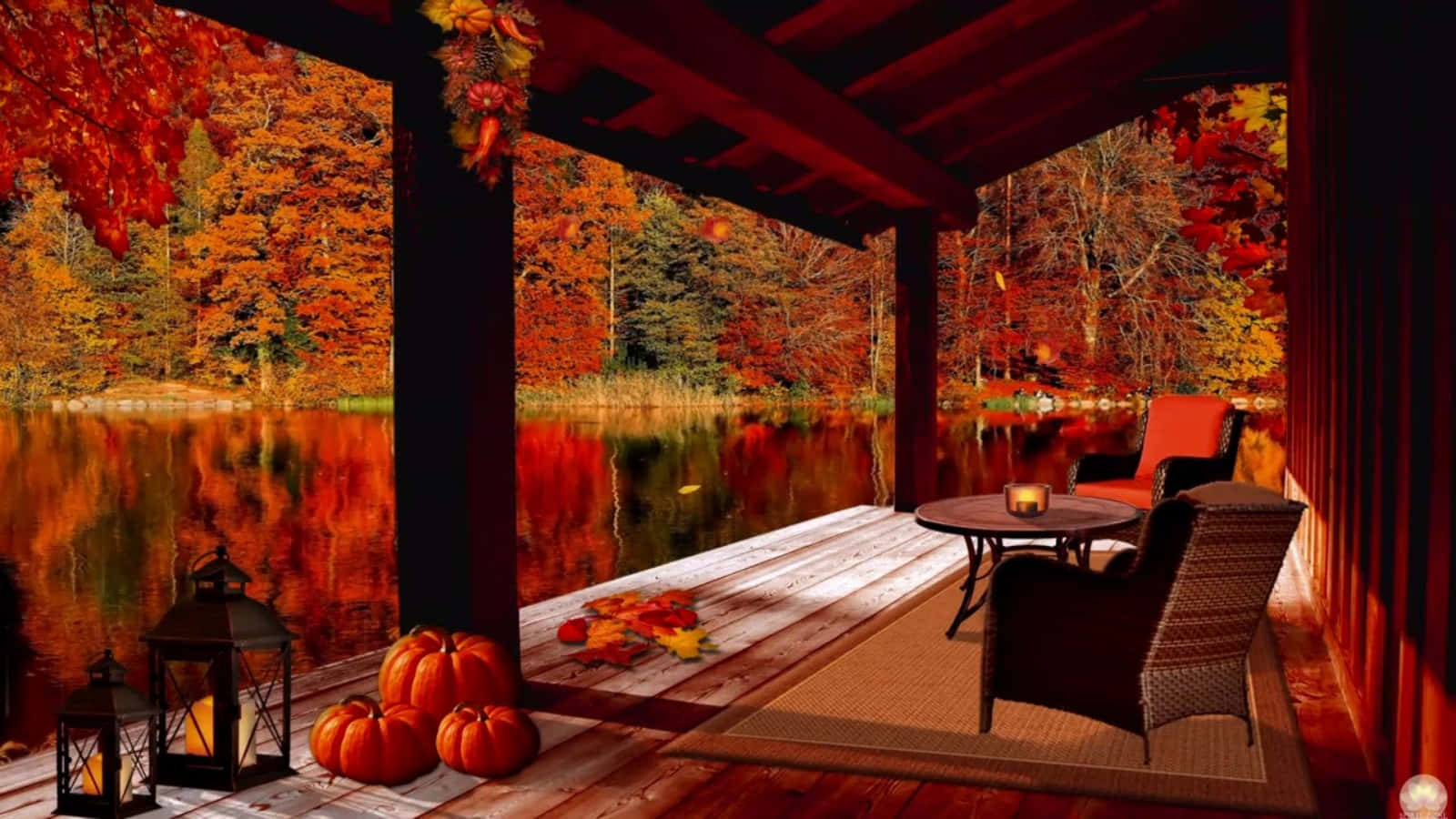 cozy fall desktop, wooden porch, tranquil lake, HD Desktop Wallpaper