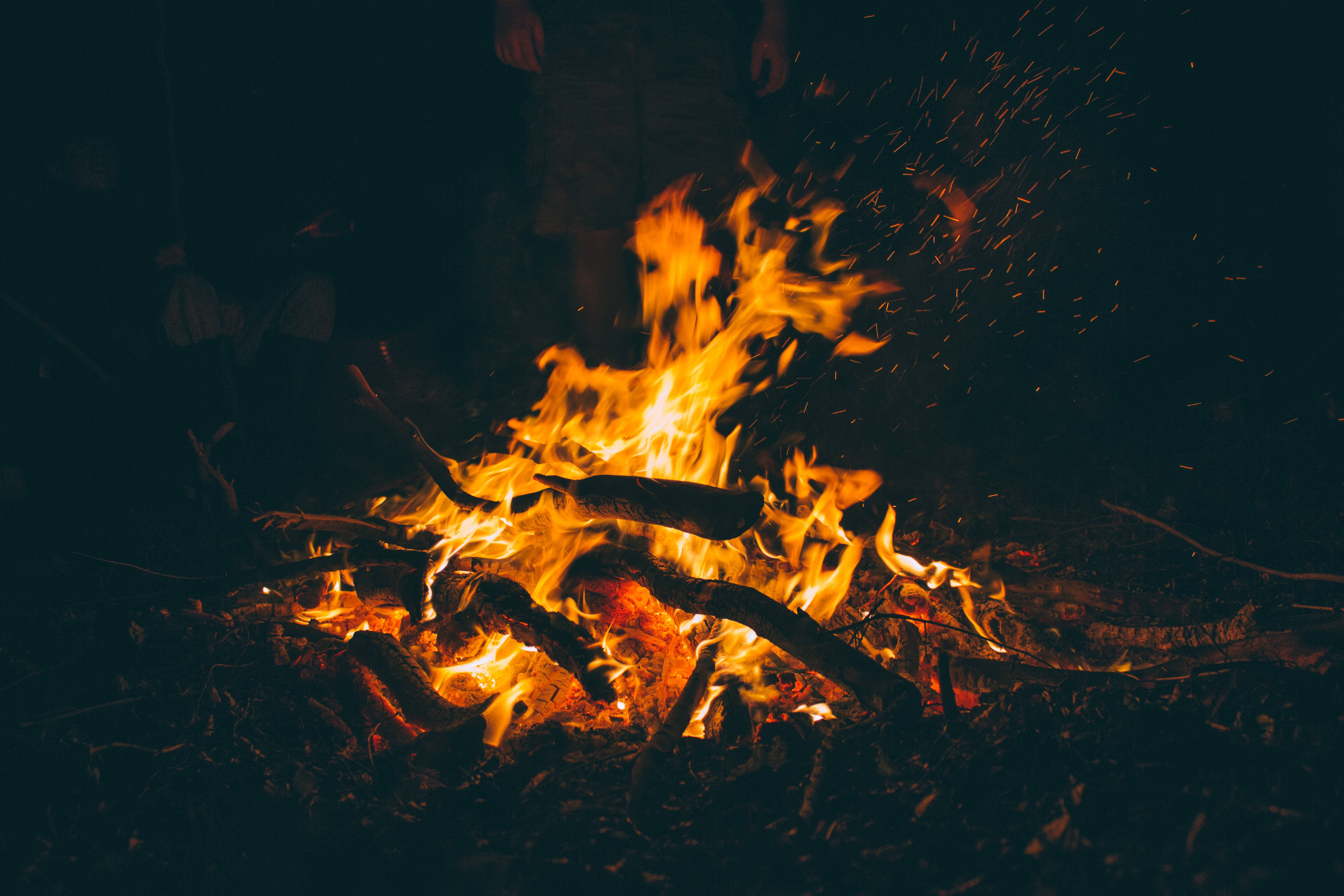 campfire, night, orange flames, 5K Desktop Wallpaper