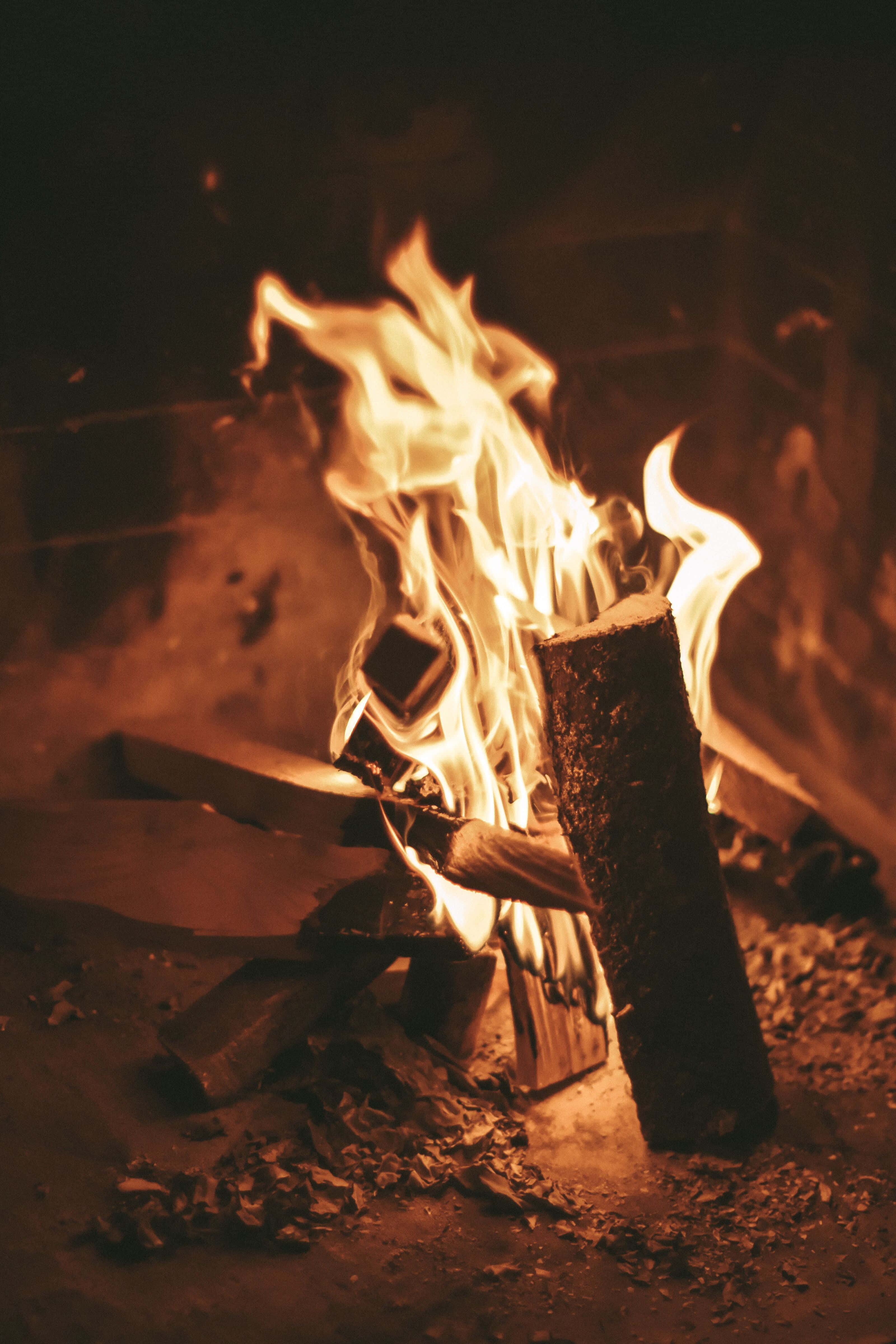 Cozy Fire, campfire, orange flames, 4K Phone Wallpaper