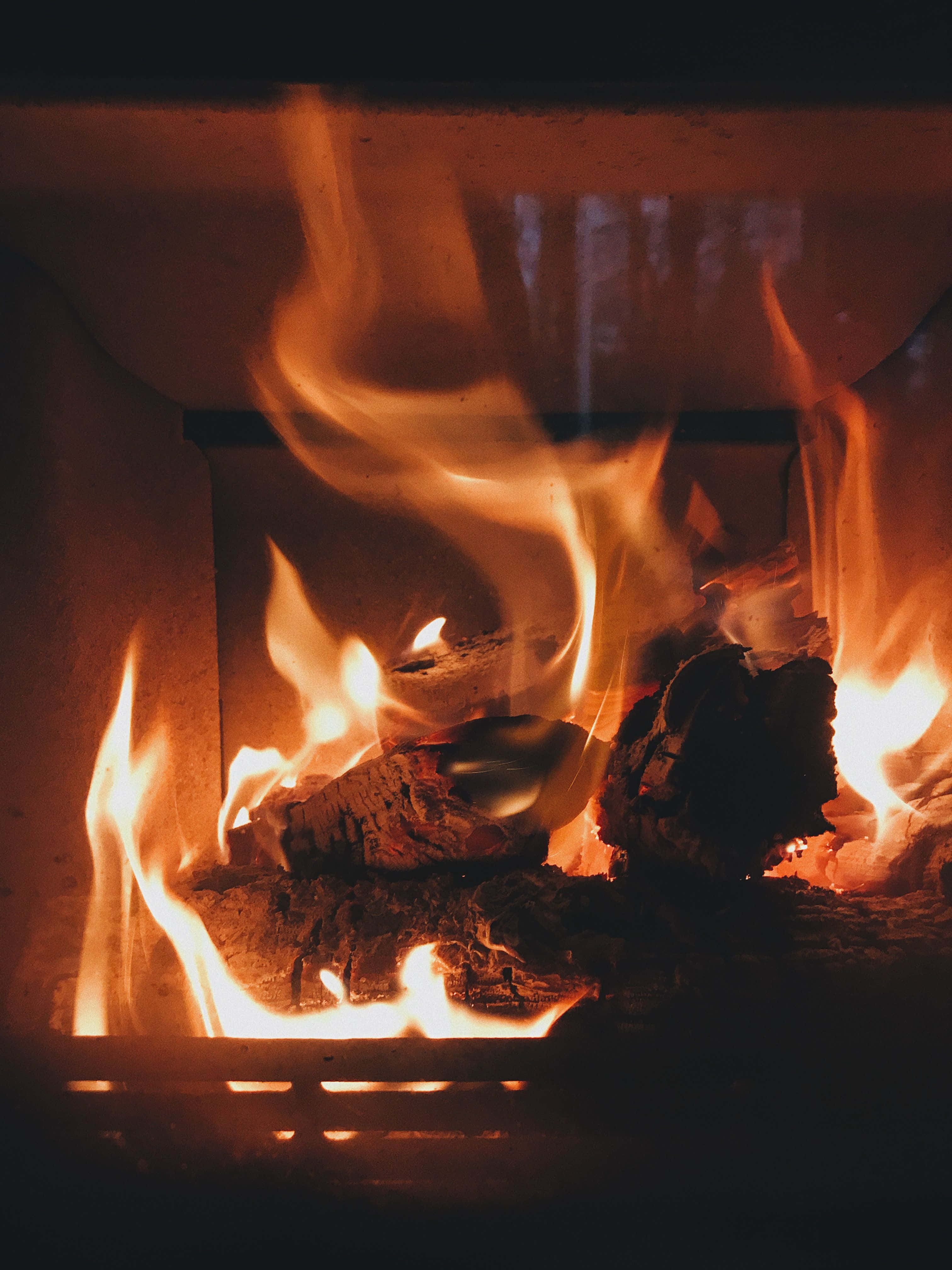 cozy fire, fireplace, orange flames, 4K Phone Wallpaper