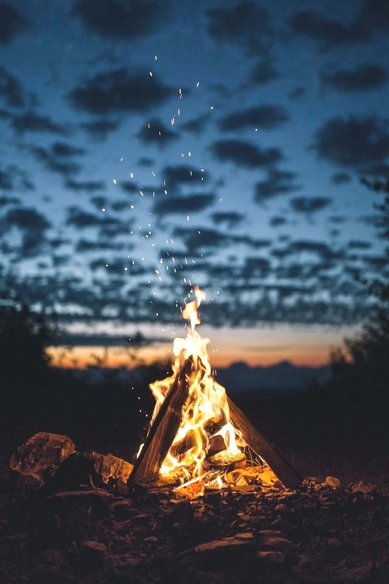 campfire, twilight sky, distant mountains, Full HD Phone Wallpaper