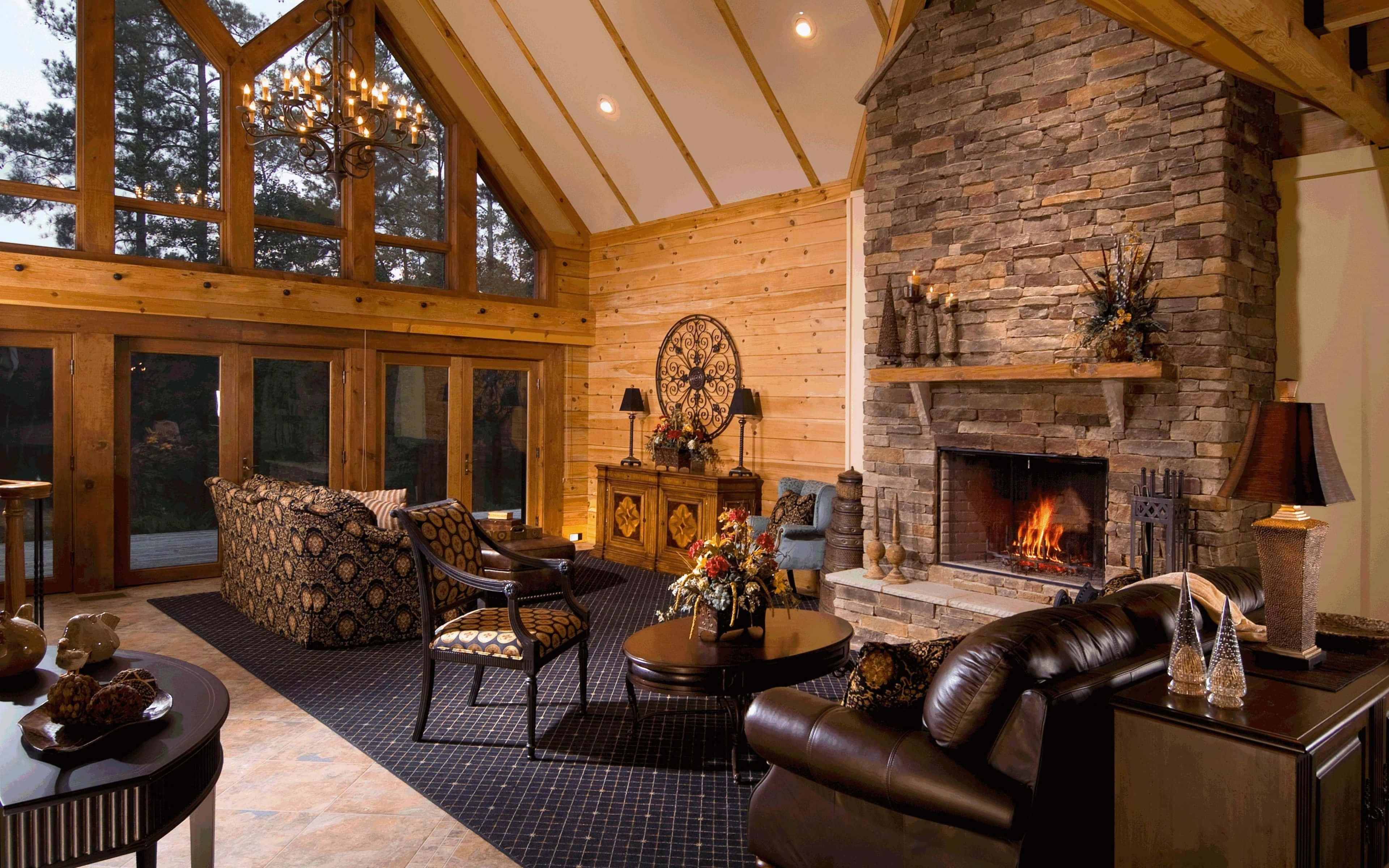 cozy fire, stone fireplace, rustic living room, 4K Desktop Wallpaper