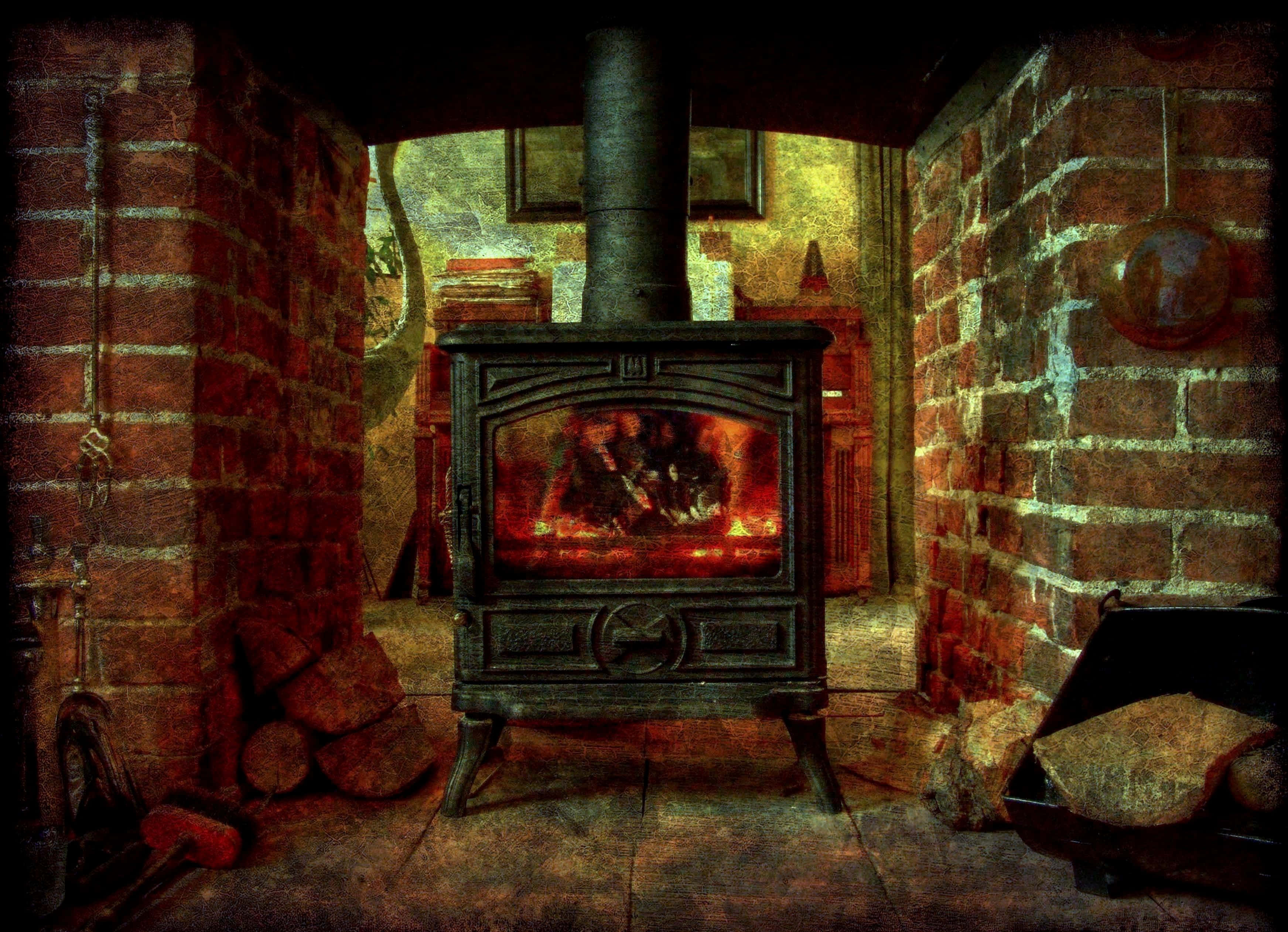 cozy fire, wood stove, rustic brick-walled room, 2K Desktop Wallpaper