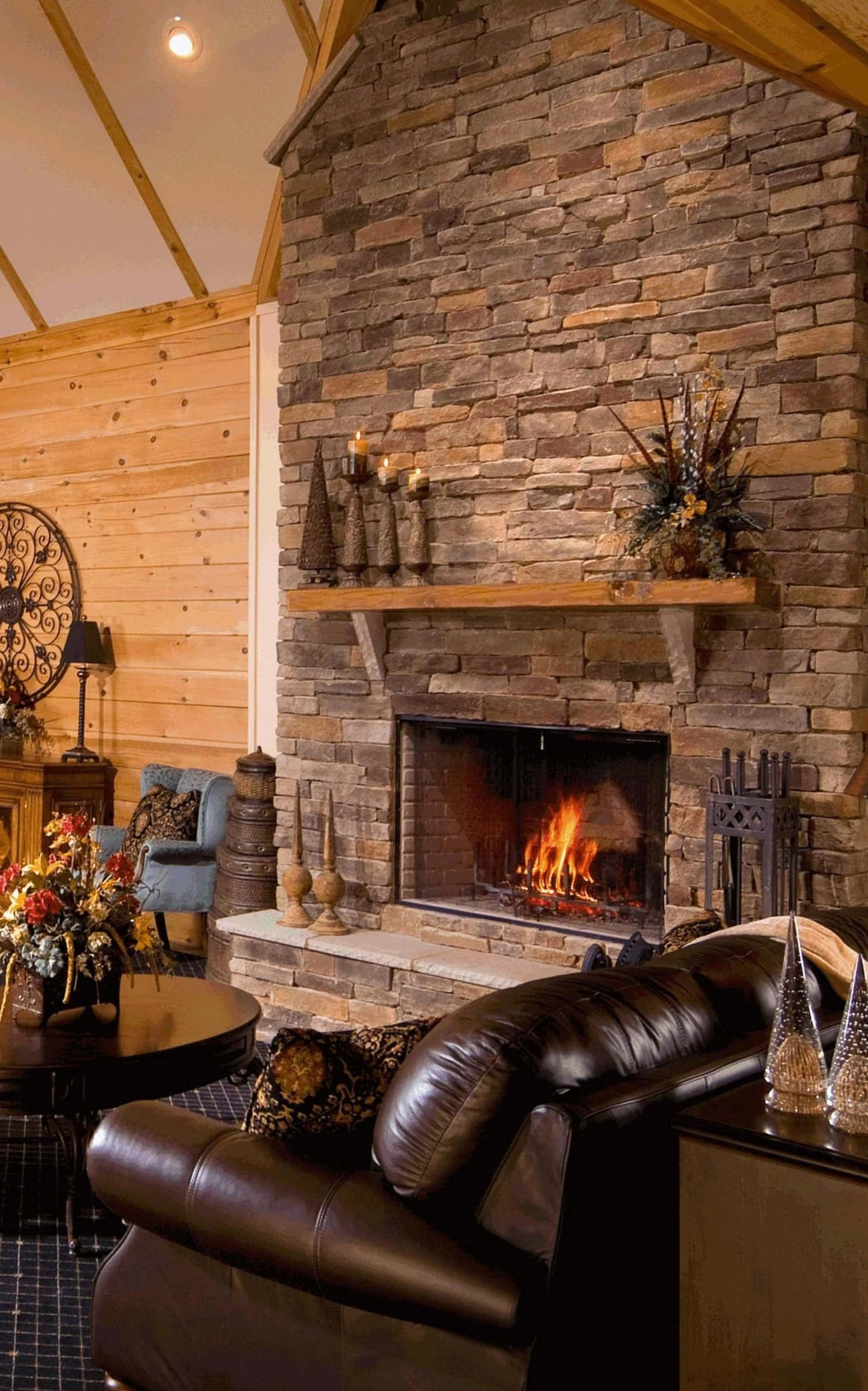 cozy fire, stone fireplace, crackling flames, Full HD Phone Wallpaper