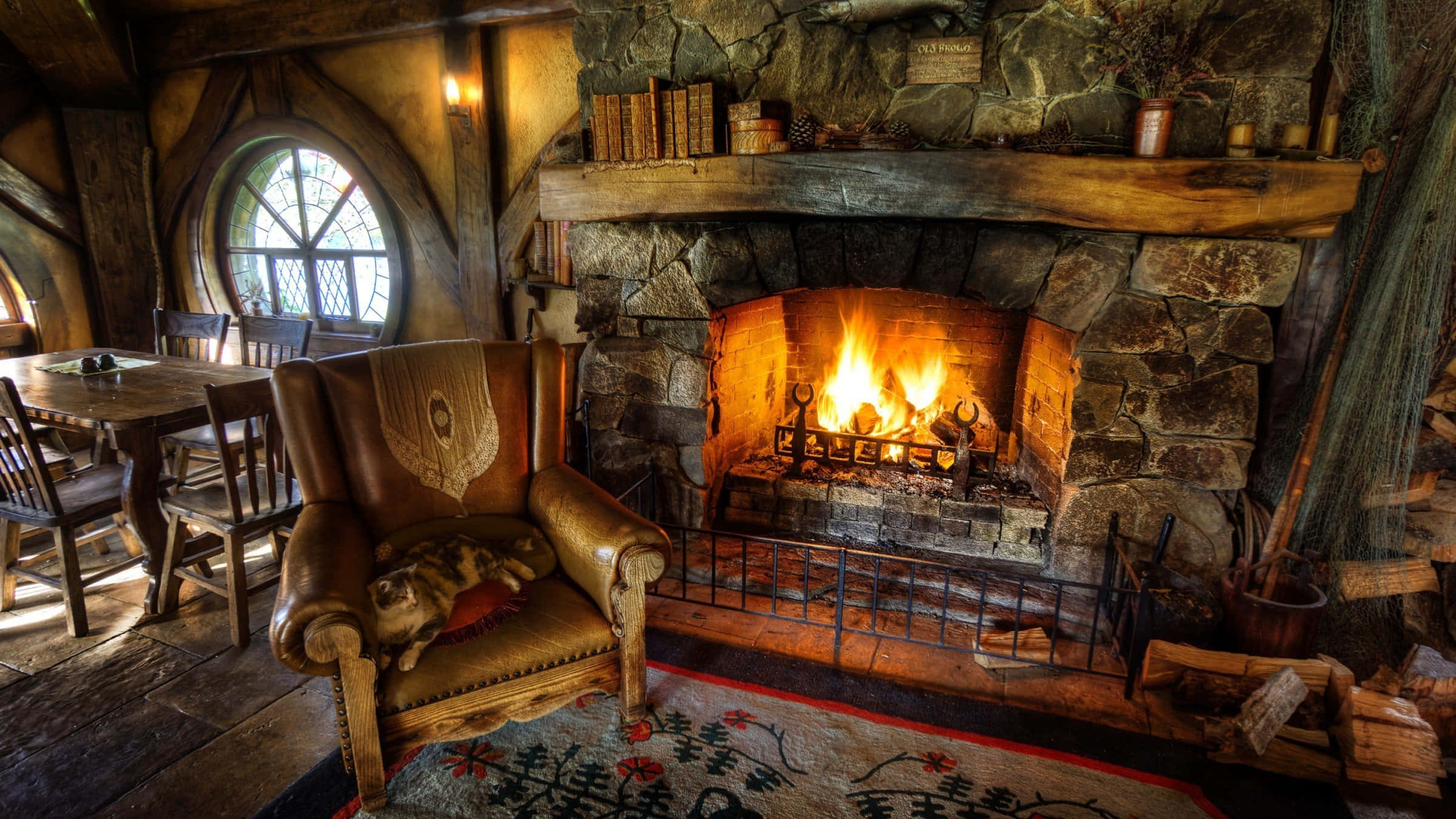 Cozy Fire, rustic cabin interior, roaring stone fireplace, Full HD Desktop Wallpaper