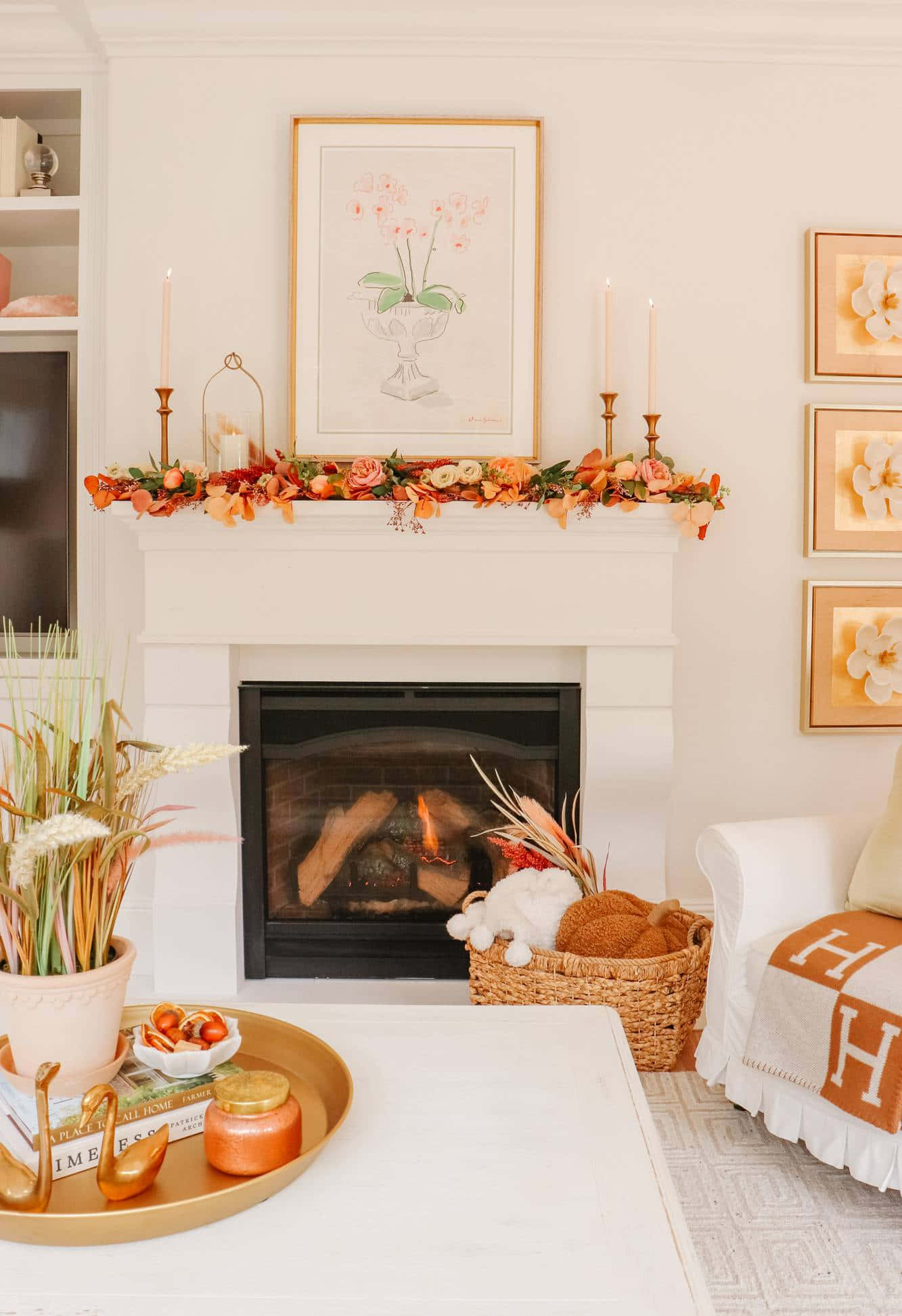 autumn fireplace, orange floral garland, candles, Full HD Phone Wallpaper