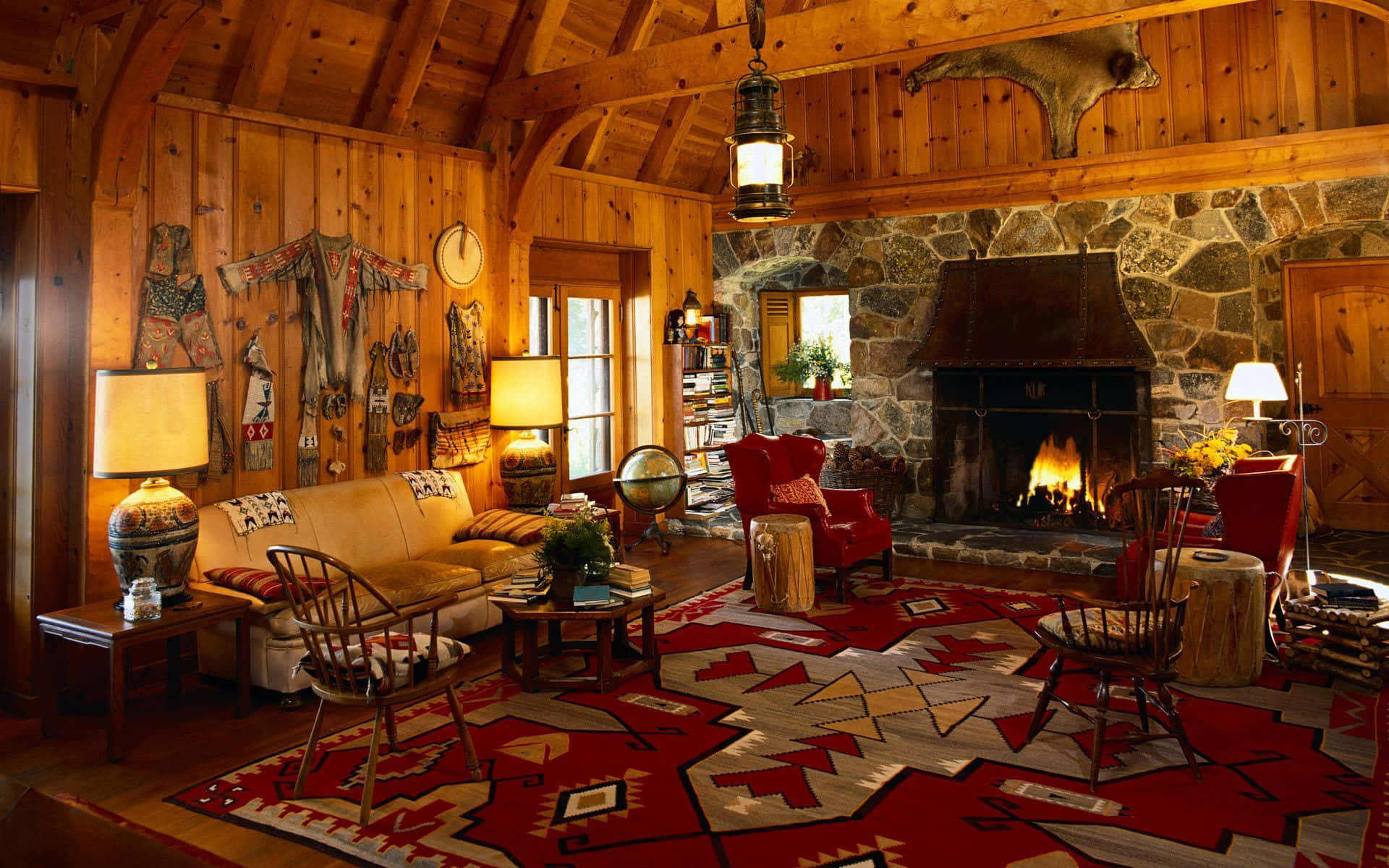 Cozy Fire, rustic cabin living room, stone fireplace, Full HD Desktop Wallpaper