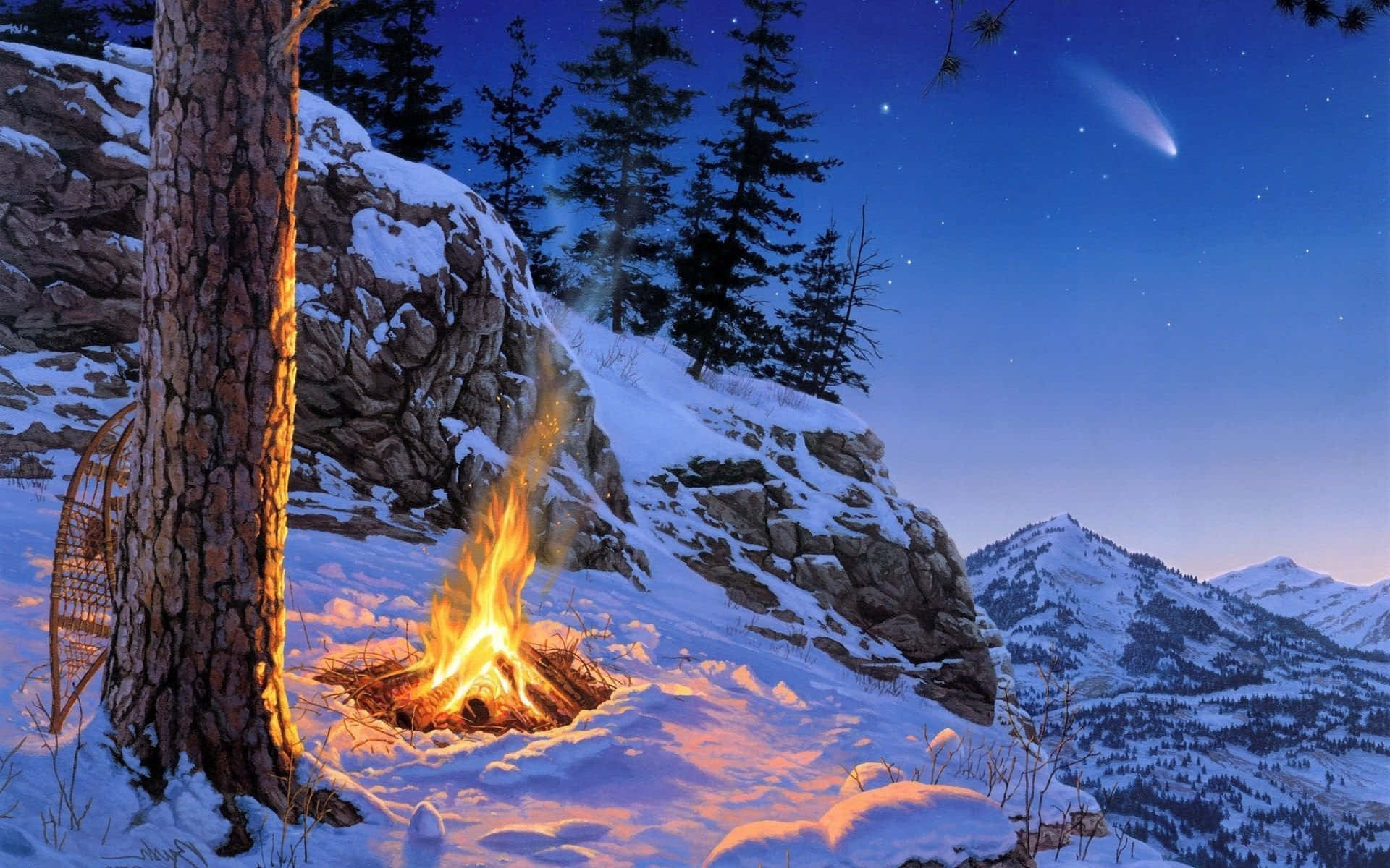 cozy fire, campfire, snowy mountain clearing, Full HD Desktop Wallpaper