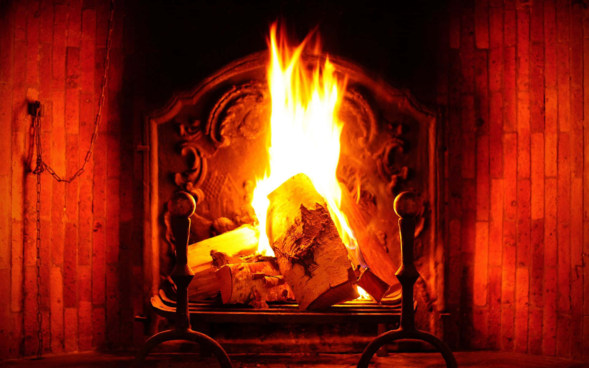 Cozy Fire, ornate fireplace, warm orange light, Full HD Desktop Wallpaper