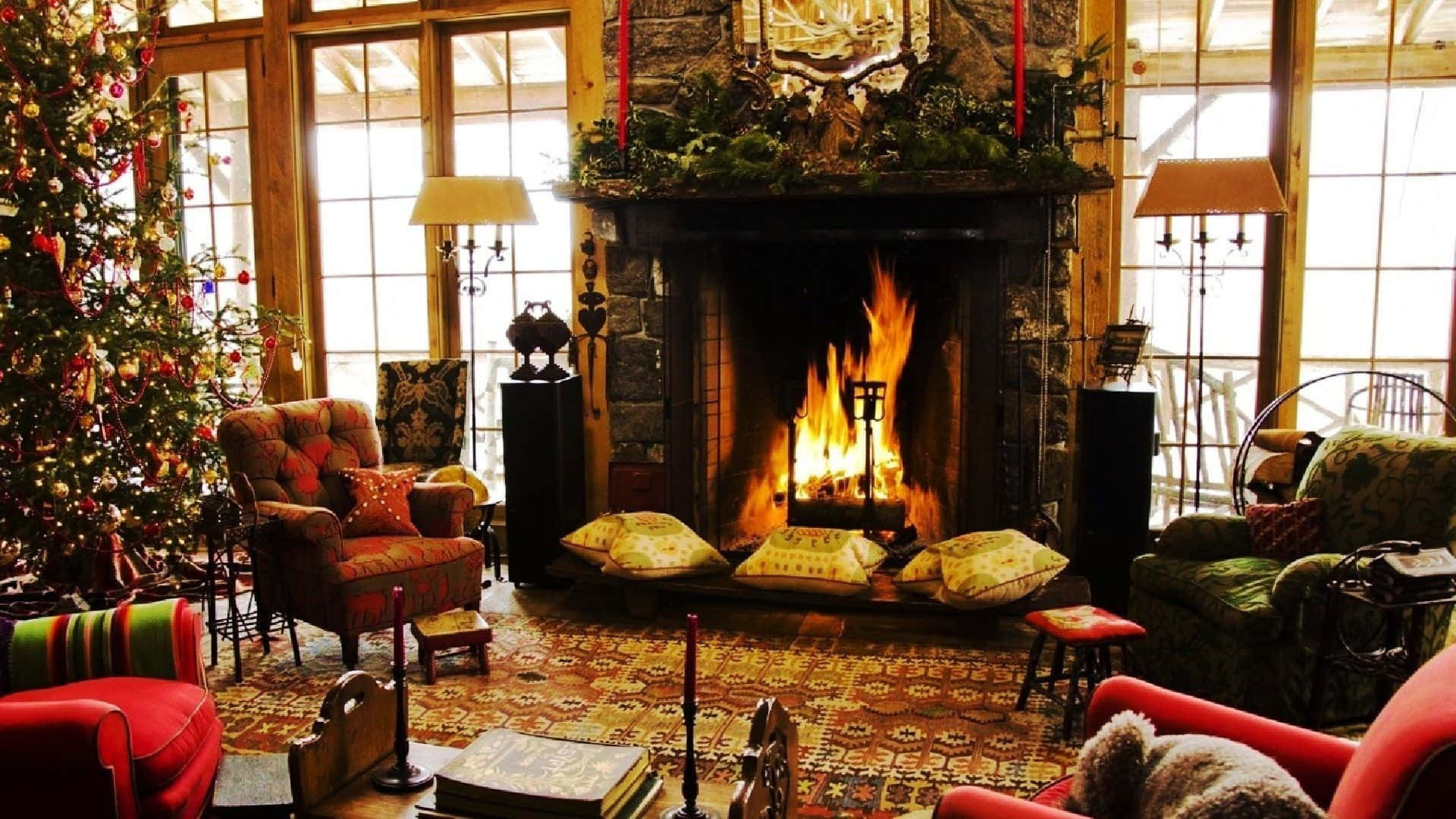 cozy fire, roaring stone fireplace, Christmas tree, Full HD Desktop Wallpaper