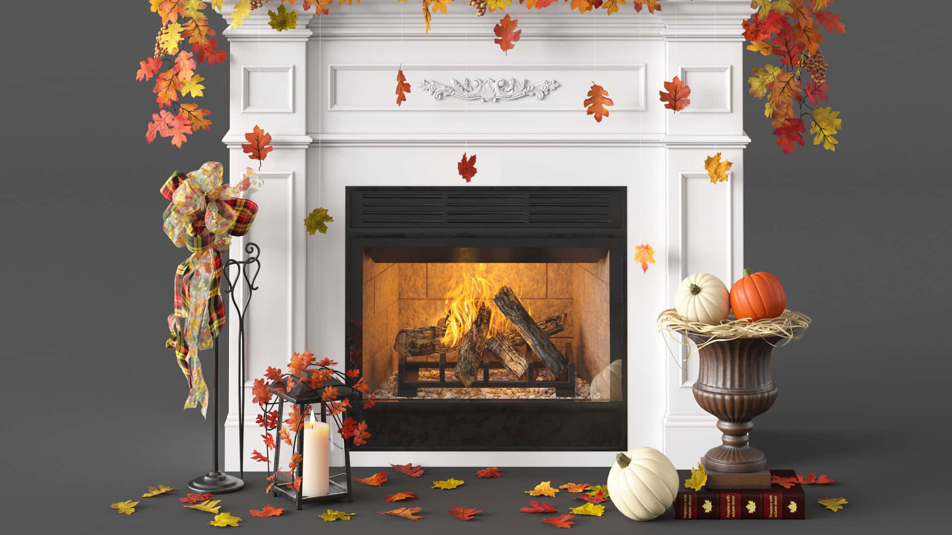 autumn fireplace, crackling warm flames, autumn leaves, Full HD Desktop Wallpaper