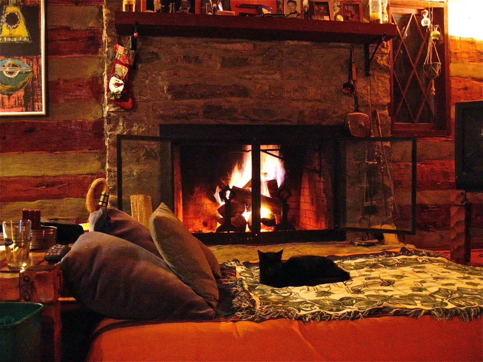 autumn fireplace, log cabin interior, roaring stone fireplace, HD Desktop Wallpaper