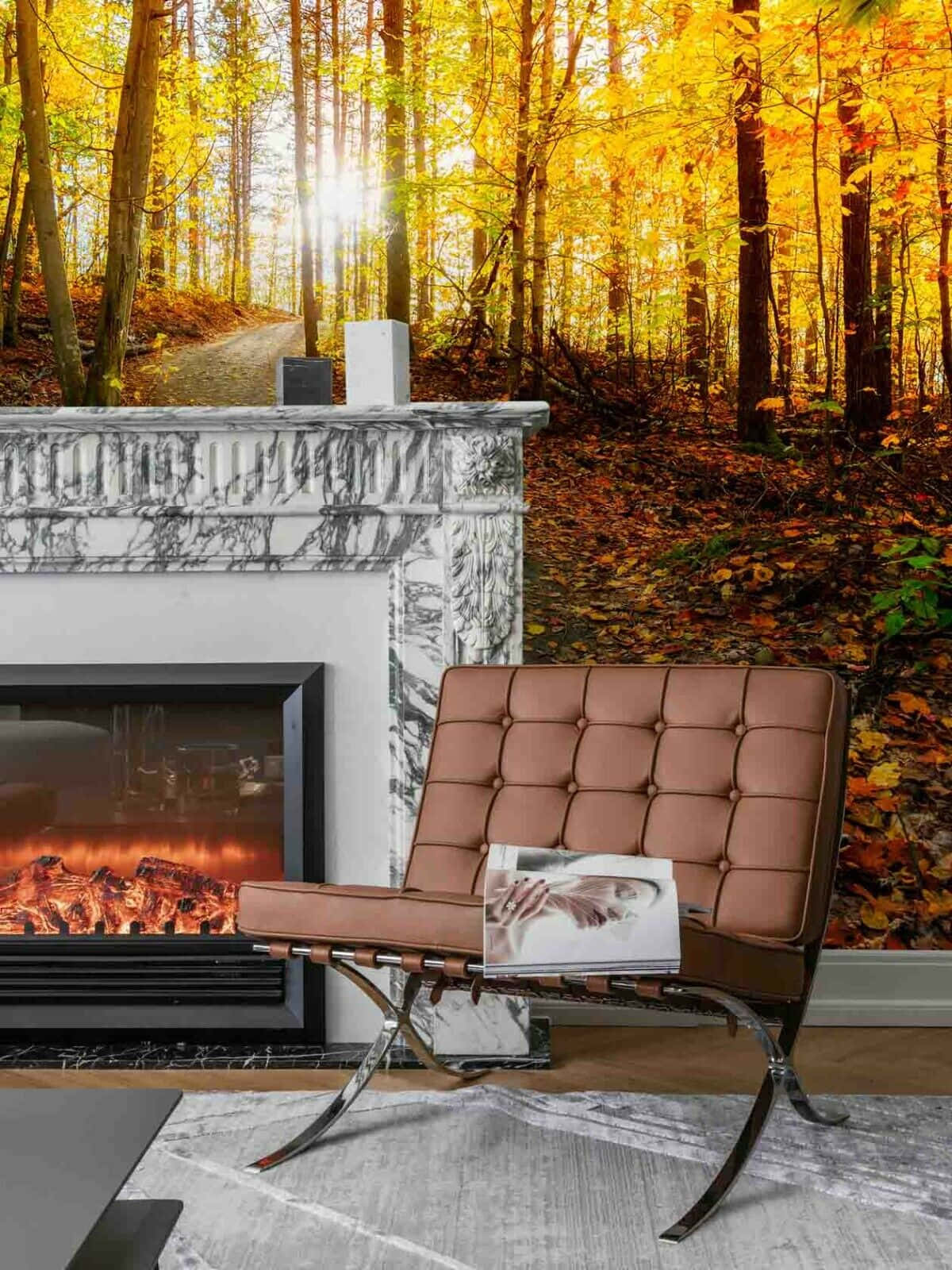 brown leather chair, marble fireplace, glowing embers, HD Phone Wallpaper