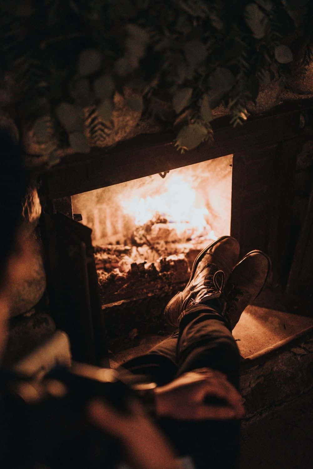 Cozy Fireplace Scene, roaring fireplace, greenery, HD Phone Wallpaper