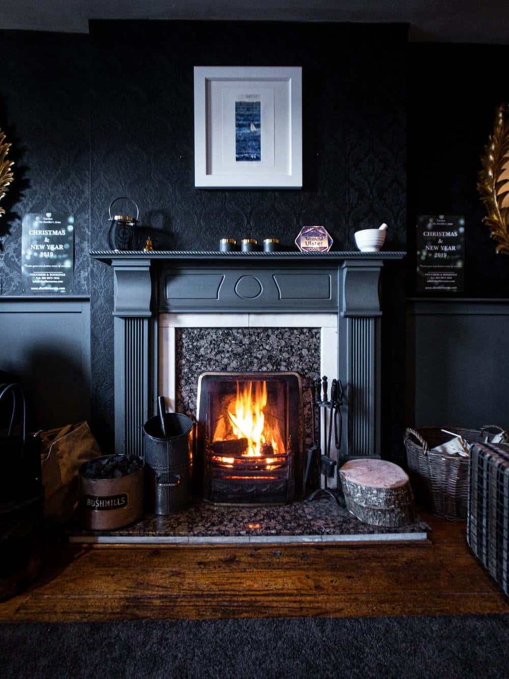 cozy fire, dark damask wallpapered wall, crackling fireplace, HD Phone Wallpaper