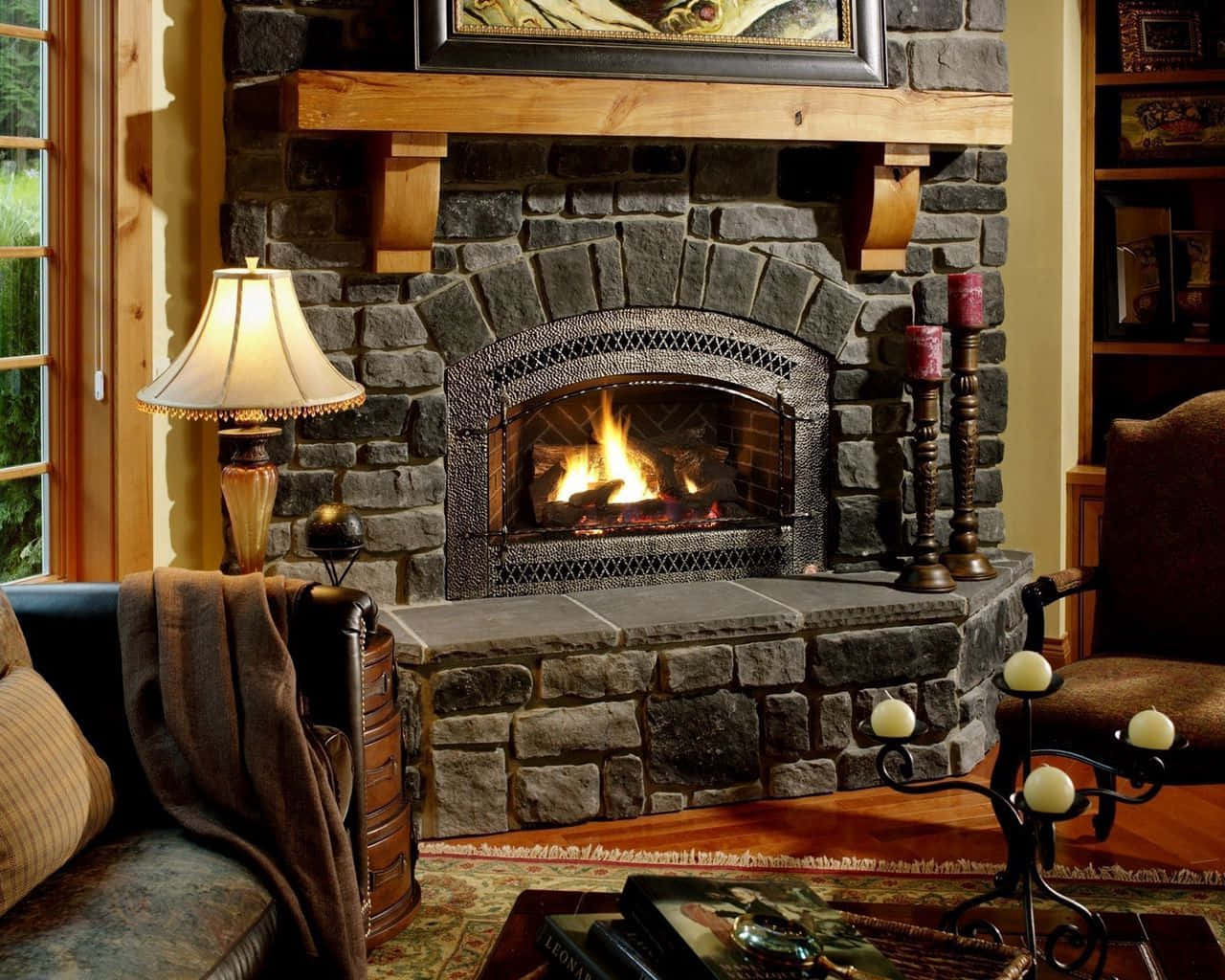 cozy fire, stone fireplace, rustic living room, HD Desktop Wallpaper
