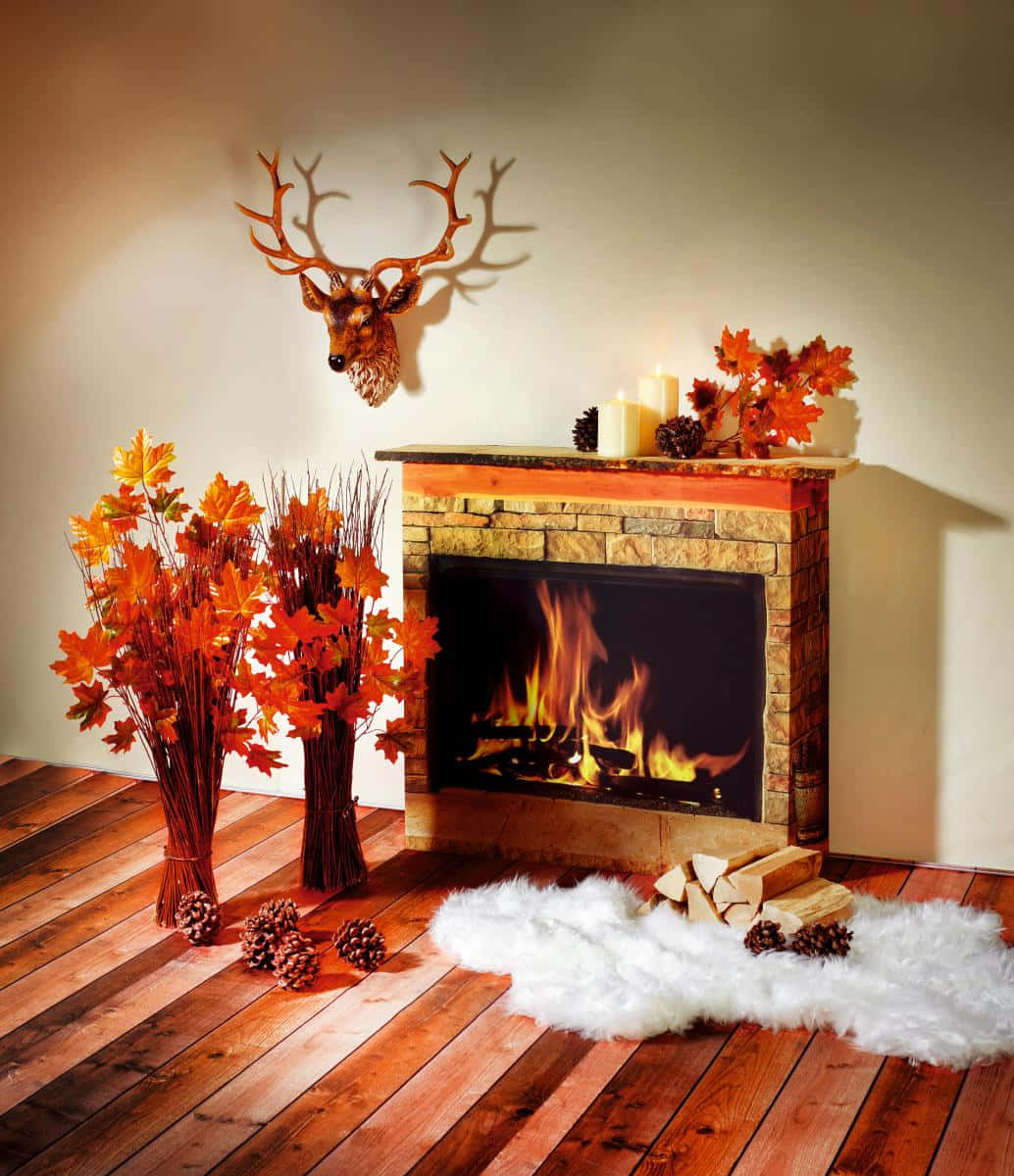 autumn fireplace, crackling flames, orange leaves, SD Phone Wallpaper