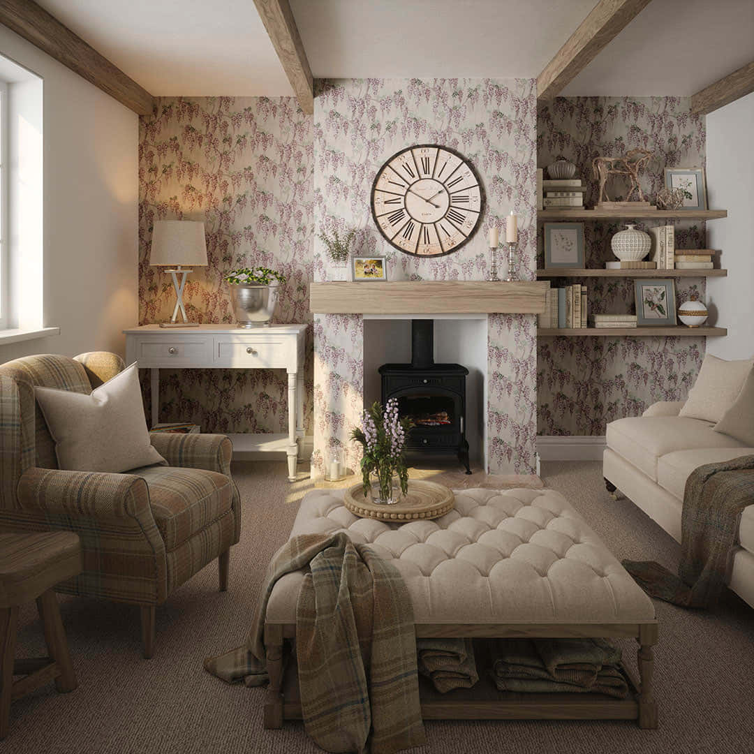 autumn fireplace, rustic living room, floral wallpaper, SD Desktop Wallpaper