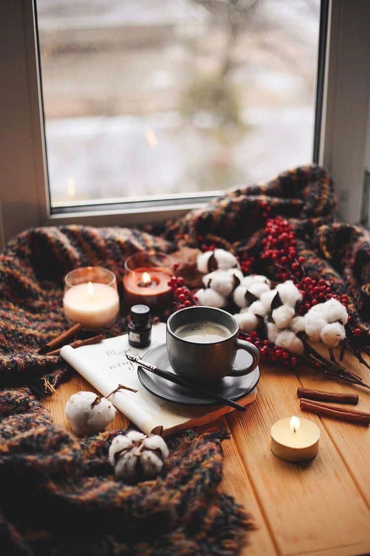 cozy, winter window sill, steaming coffee, SD Phone Wallpaper