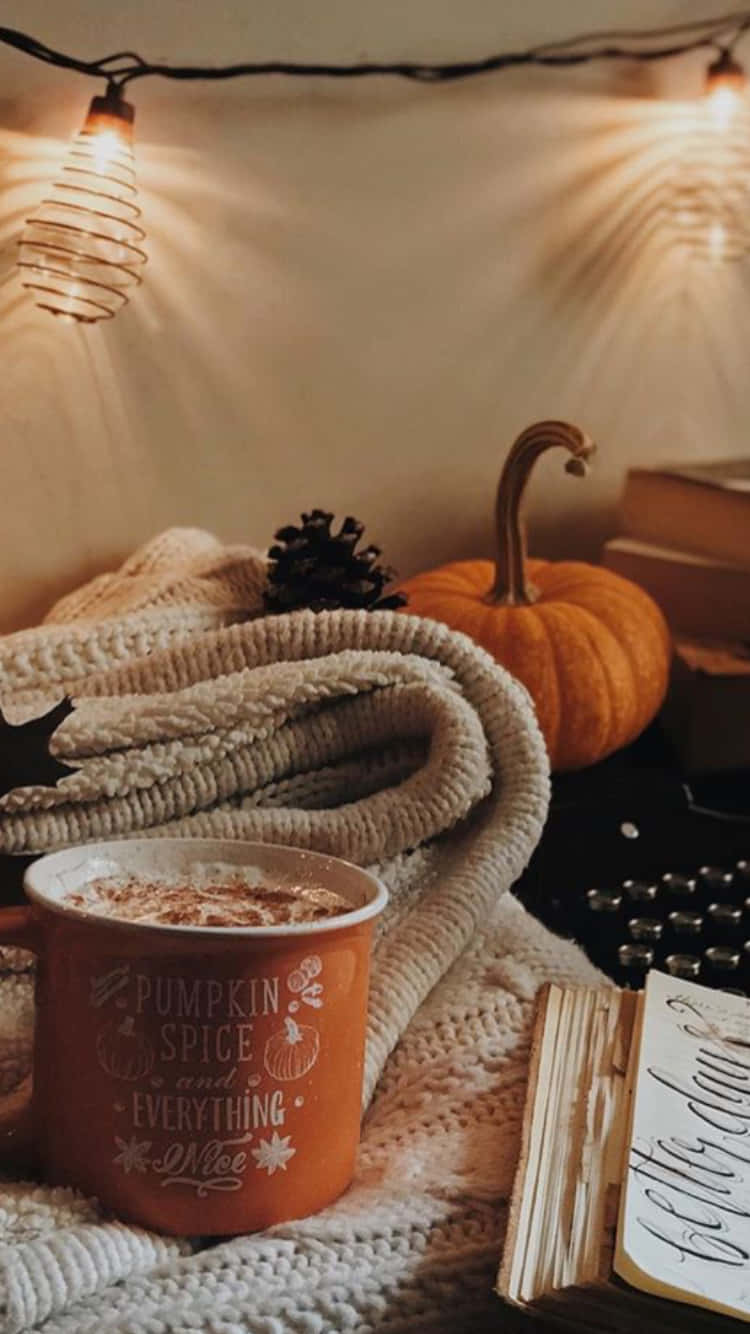 iPhone, pumpkin spice latte mug, knit blanket, HD Phone Wallpaper