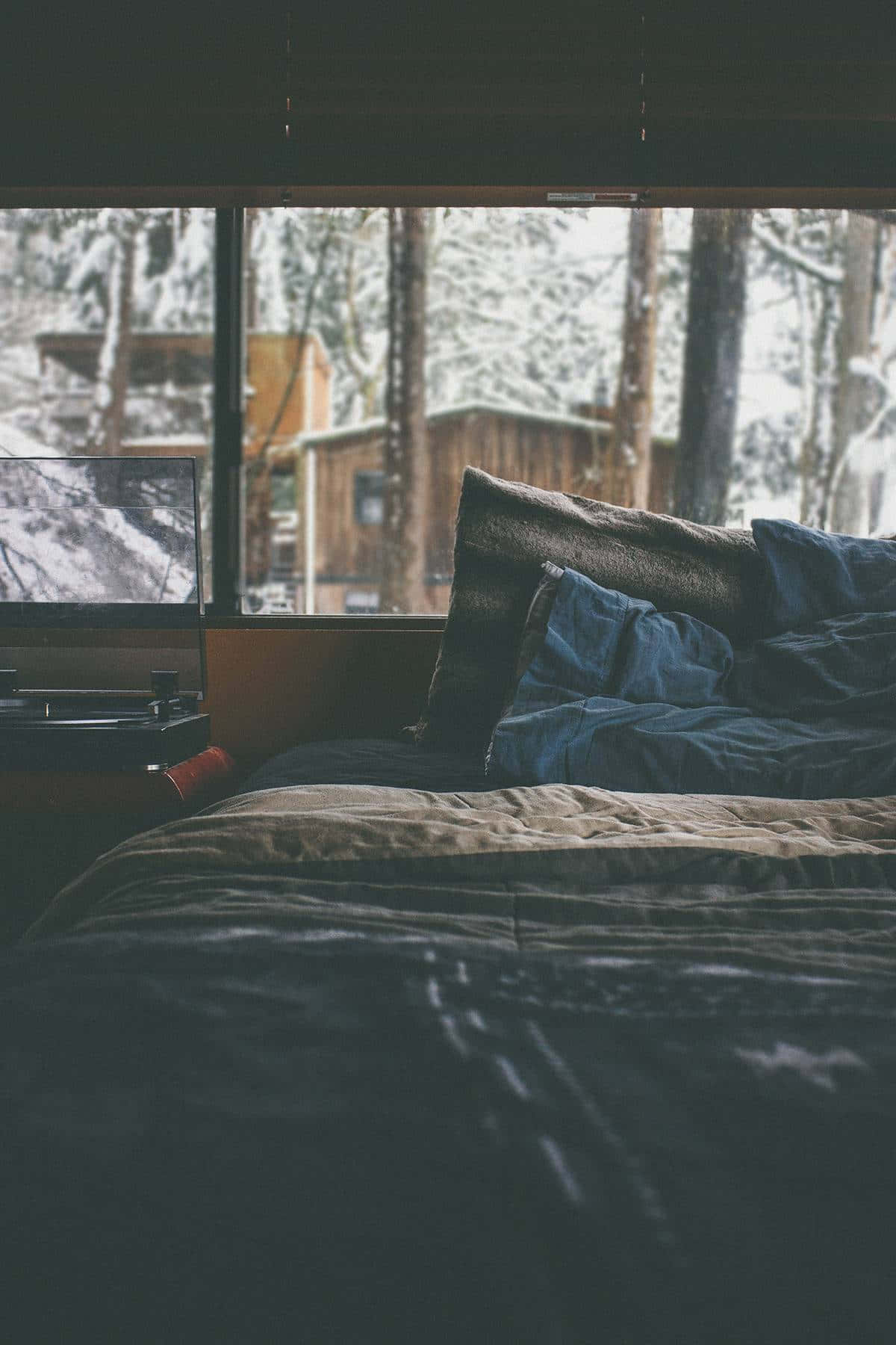 Cozy iPhone, dark blankets, snowy forest, HD Phone Wallpaper