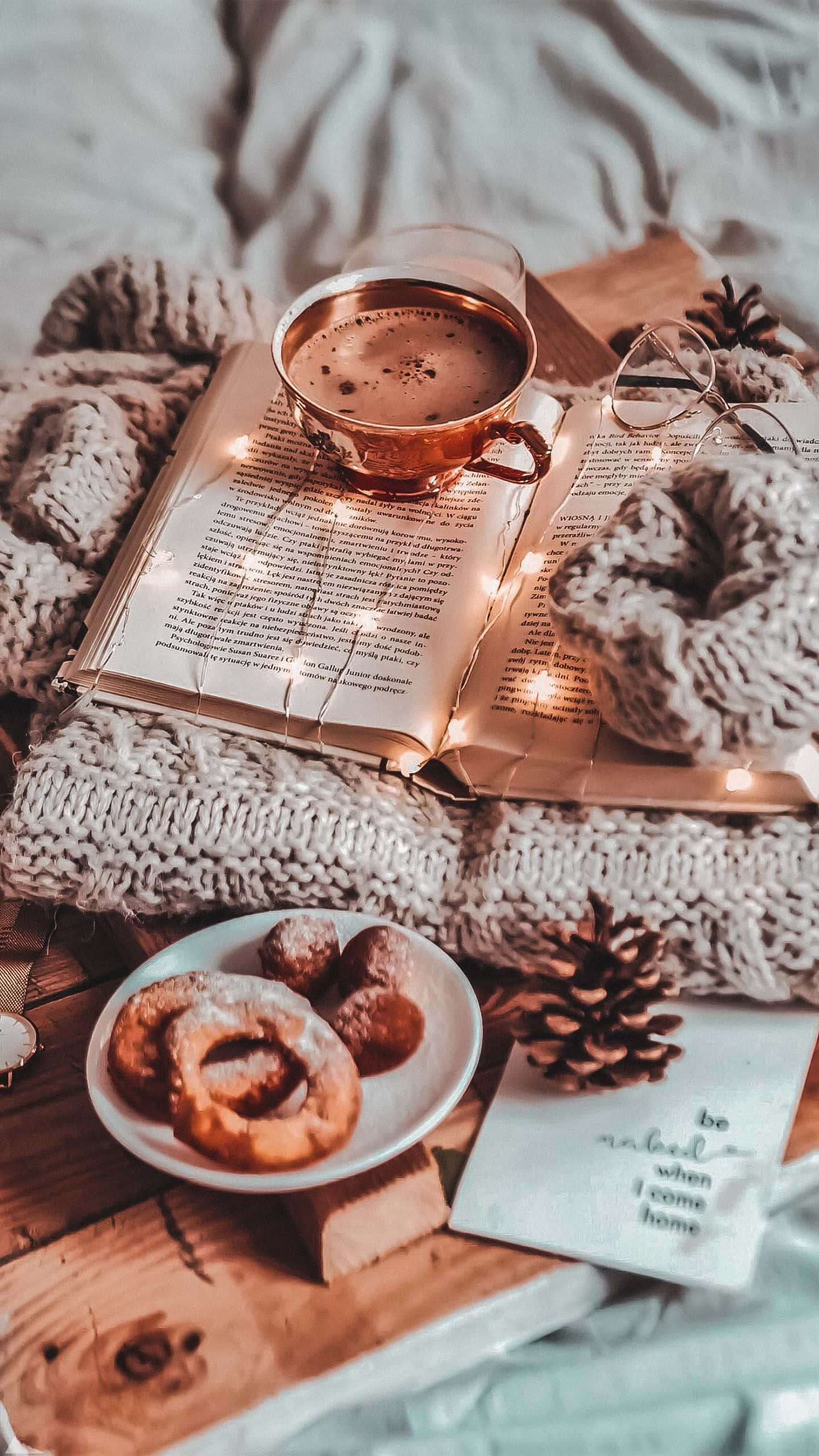 Cozy iPhone, reading nook, warm coffee, 2K Phone Wallpaper
