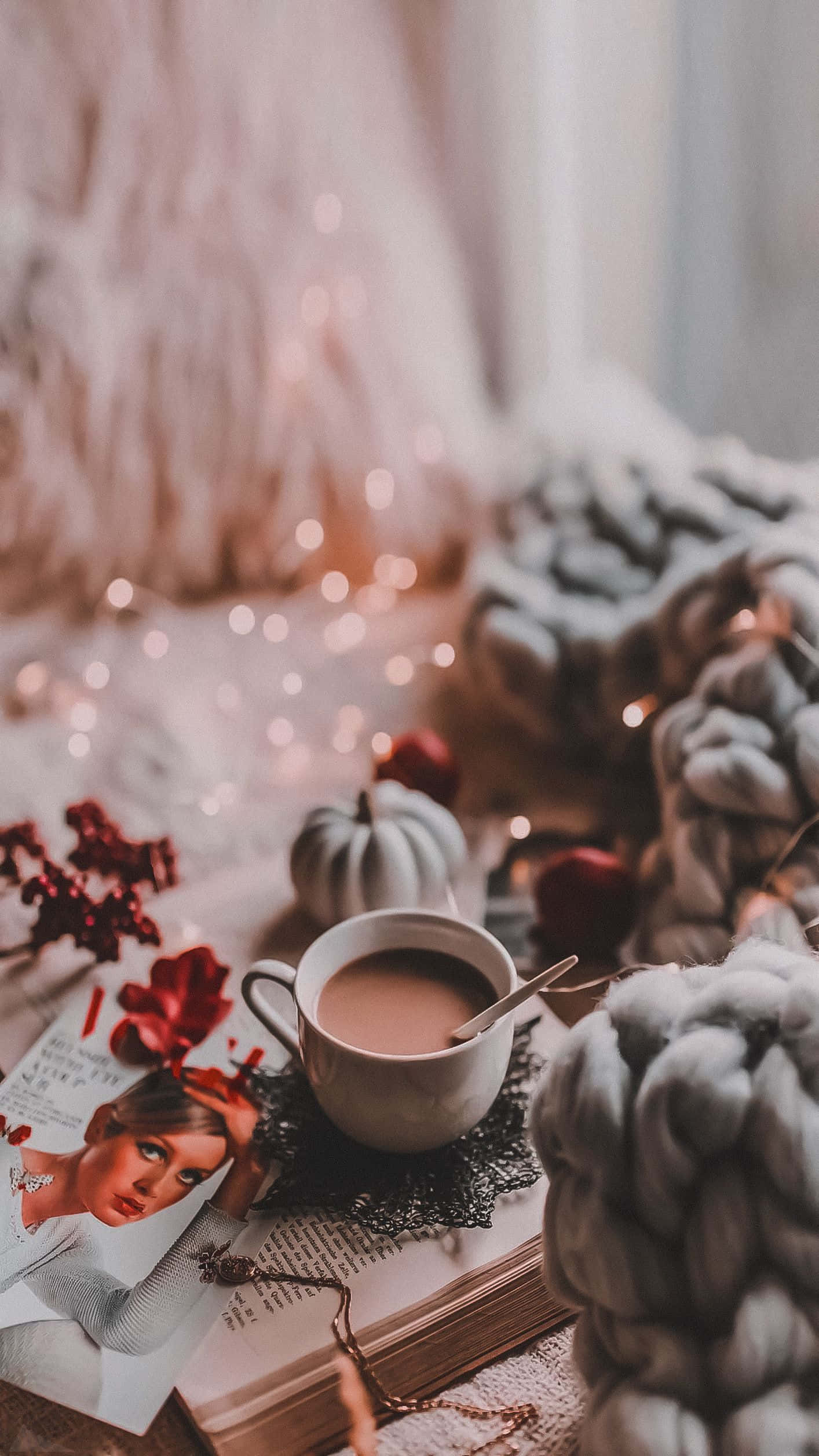 Cozy iPhone, autumn scene, steaming cup of coffee, Full HD Phone Wallpaper