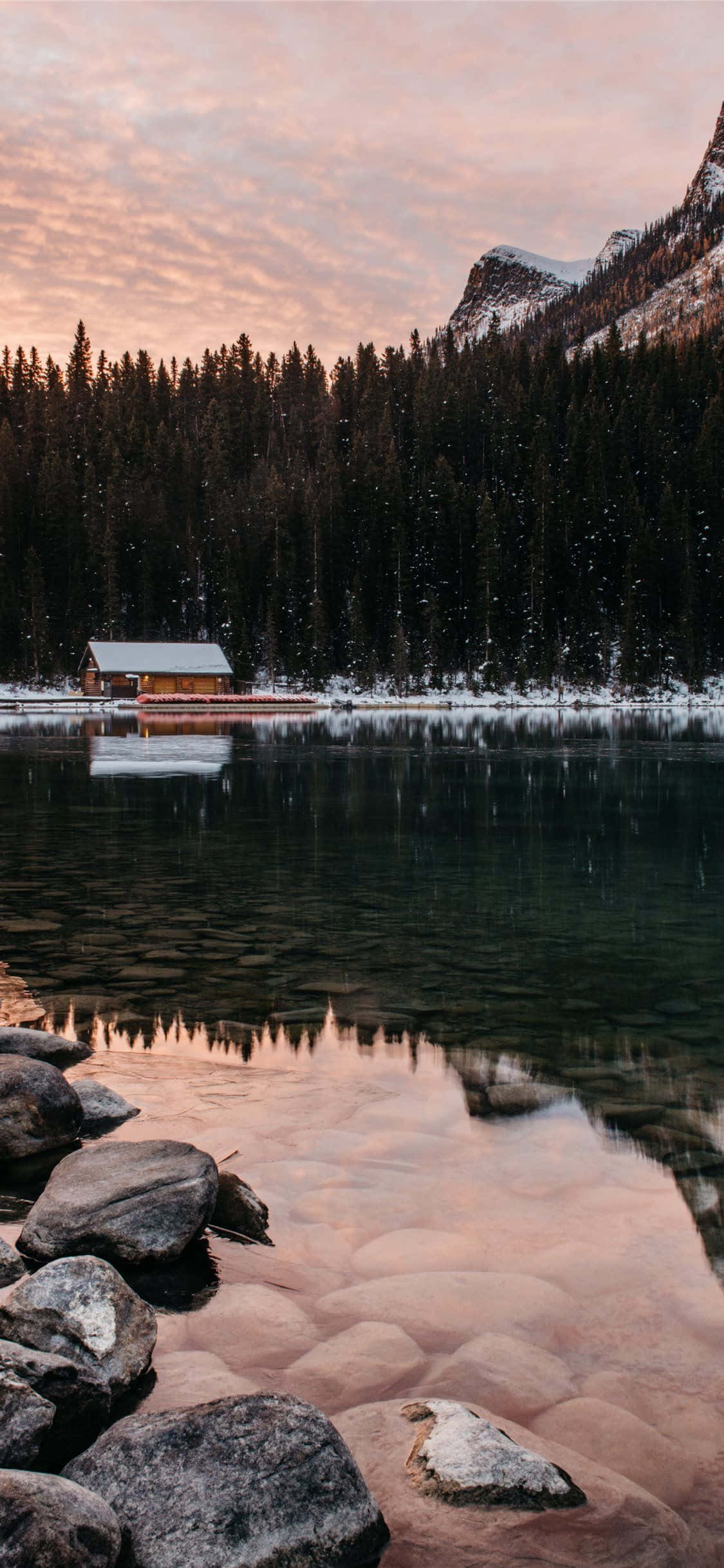 Cozy iPhone, snow-dusted cabin, frozen lake, Full HD Phone Wallpaper