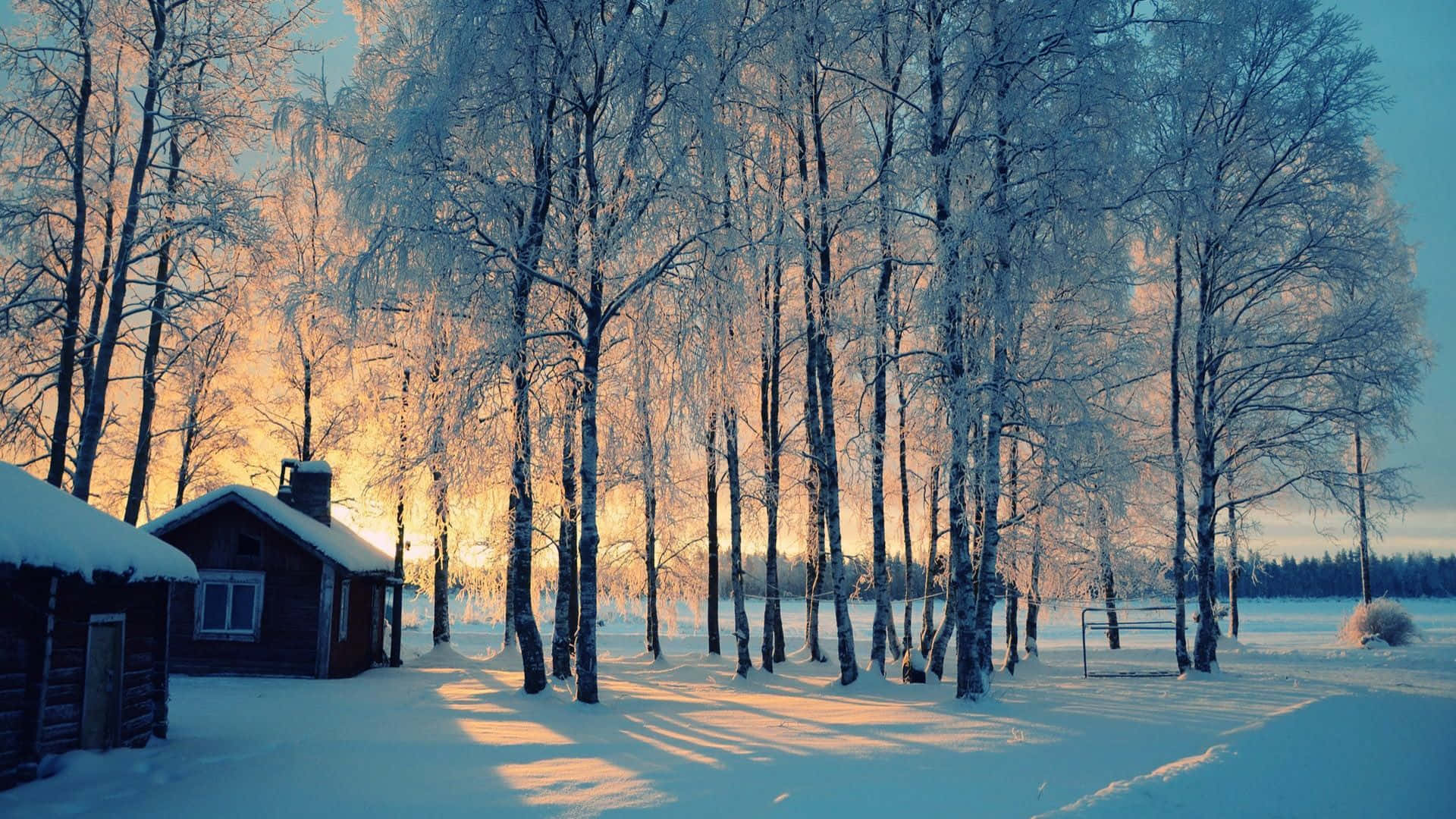 cozy winter aesthetic, sunset, wooden cabin, Full HD Desktop Wallpaper