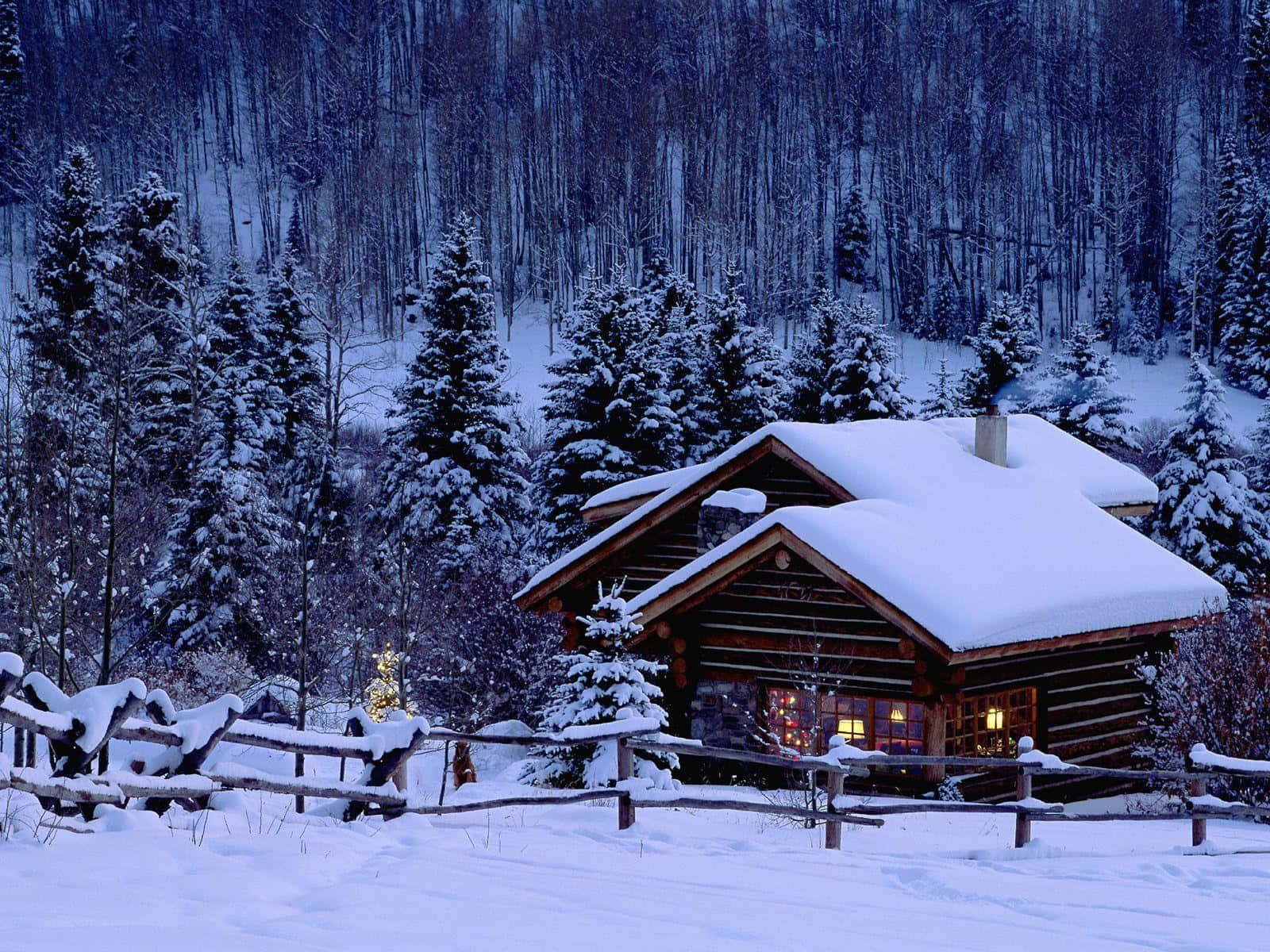 cozy winter cabin, snow-covered log cabin, twilight forest, HD Desktop Wallpaper