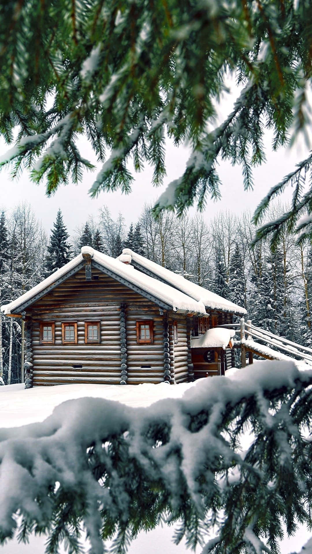 cozy winter cabin, snow-covered log cabin, winter forest, Full HD Phone Wallpaper