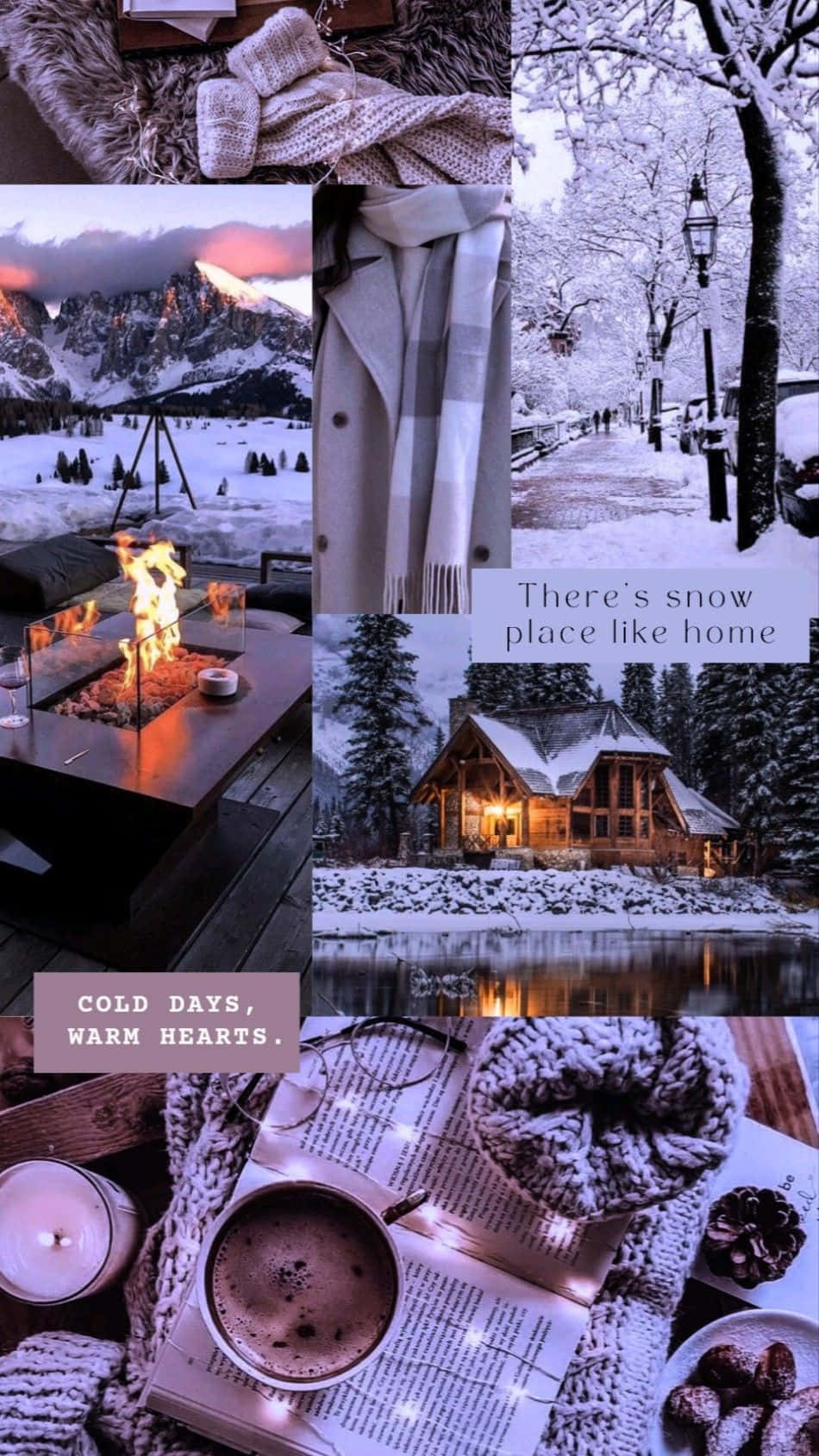 cozy winter collage aesthetic, snow-covered mountains, glowing fire pit, HD Phone Wallpaper
