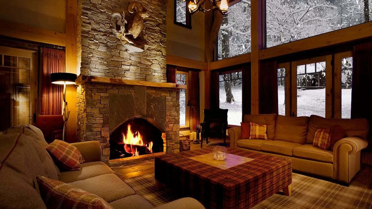 cozy winter cabin, rustic living room, stone fireplace, HD Desktop Wallpaper
