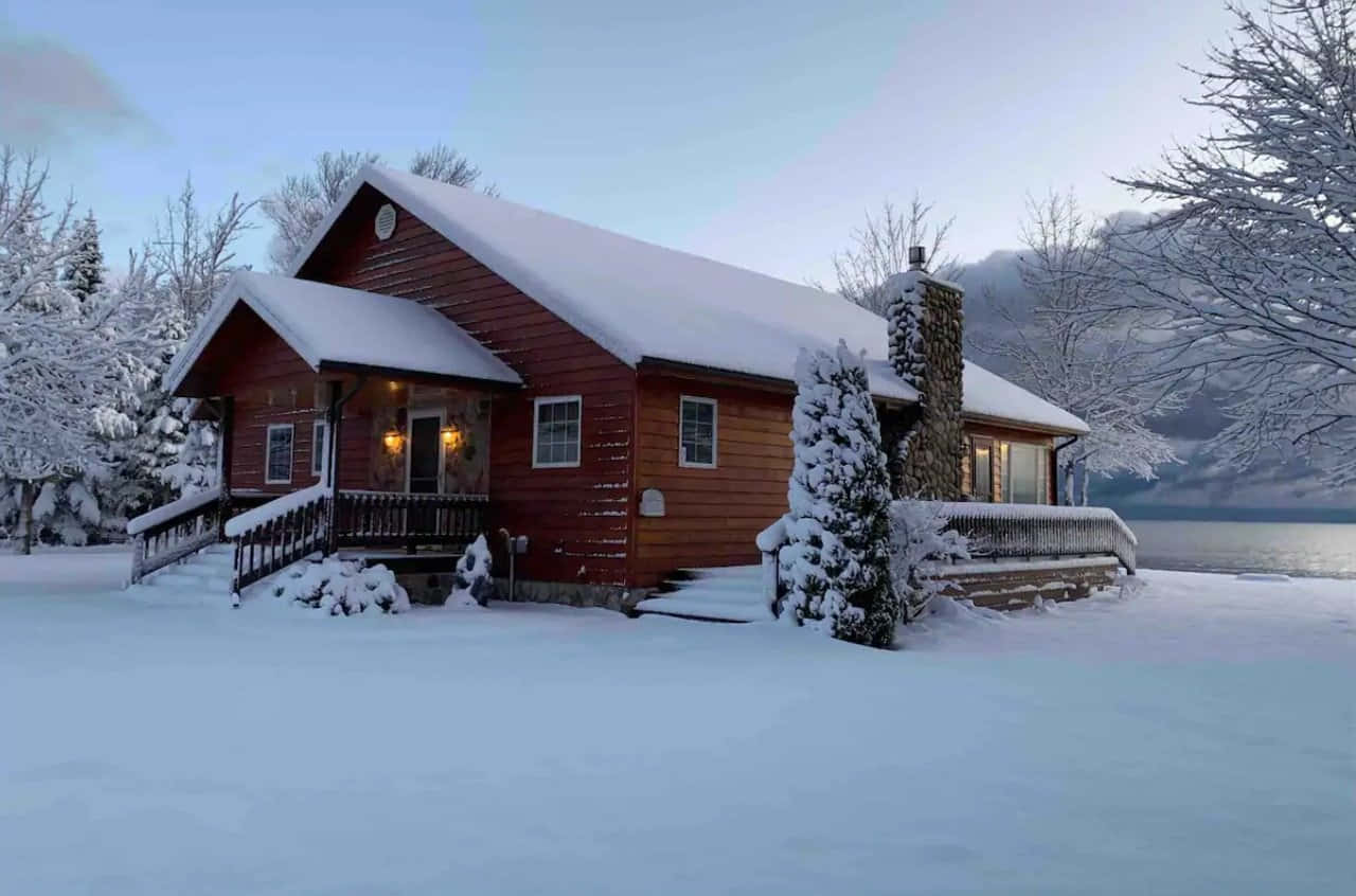 cozy winter cabin, red wooden cabin, snow-covered, HD Desktop Wallpaper