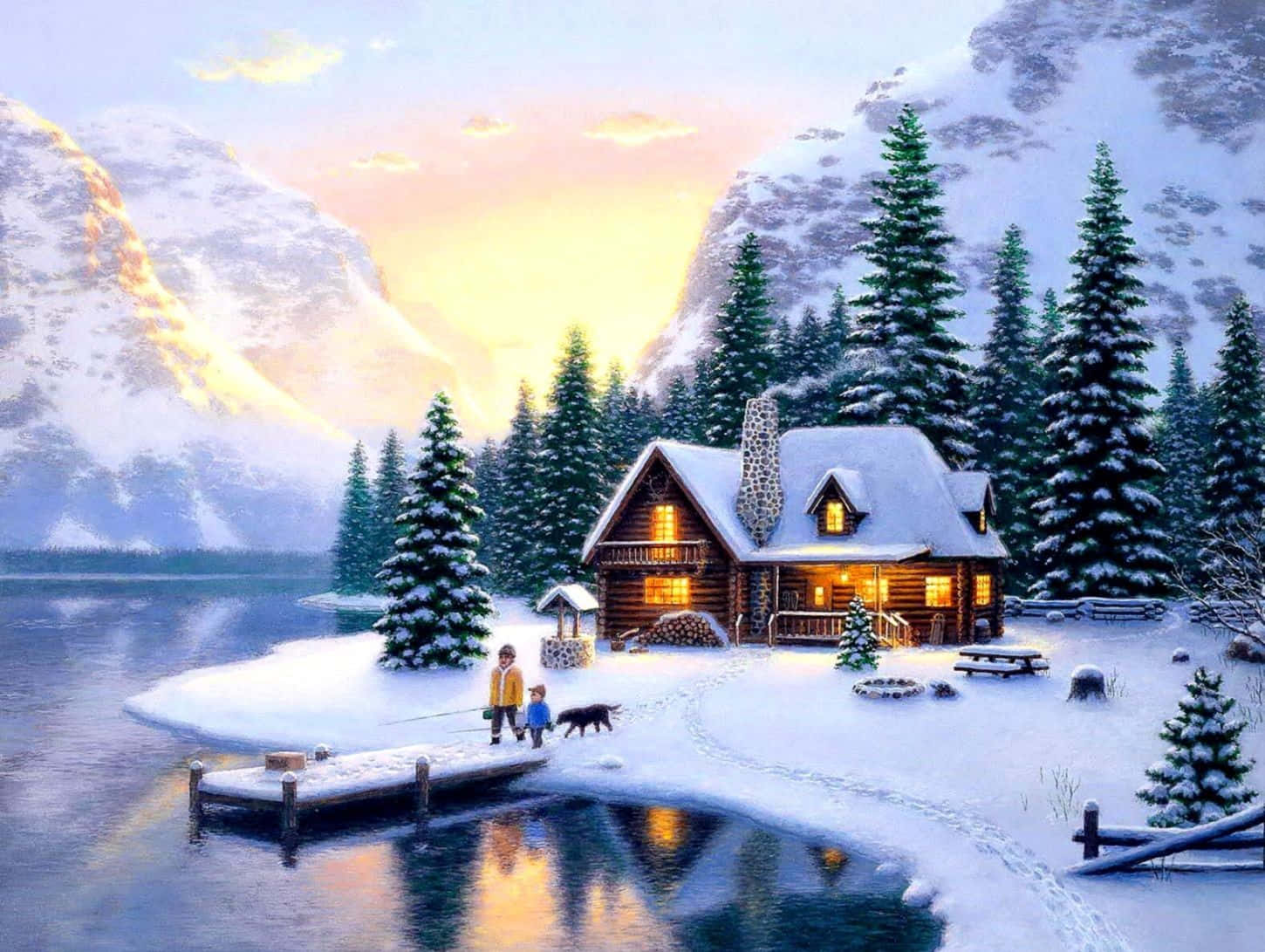 Cozy Winter Cabin, frozen lake, sunset, HD Desktop Wallpaper
