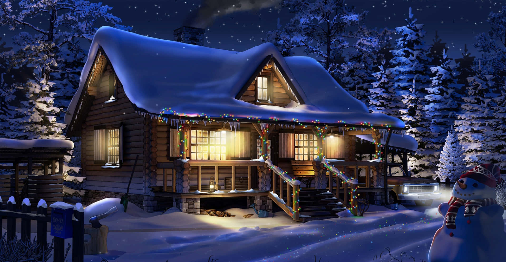 cozy winter cabin, snow-covered woods, starry winter night, Full HD Desktop Wallpaper