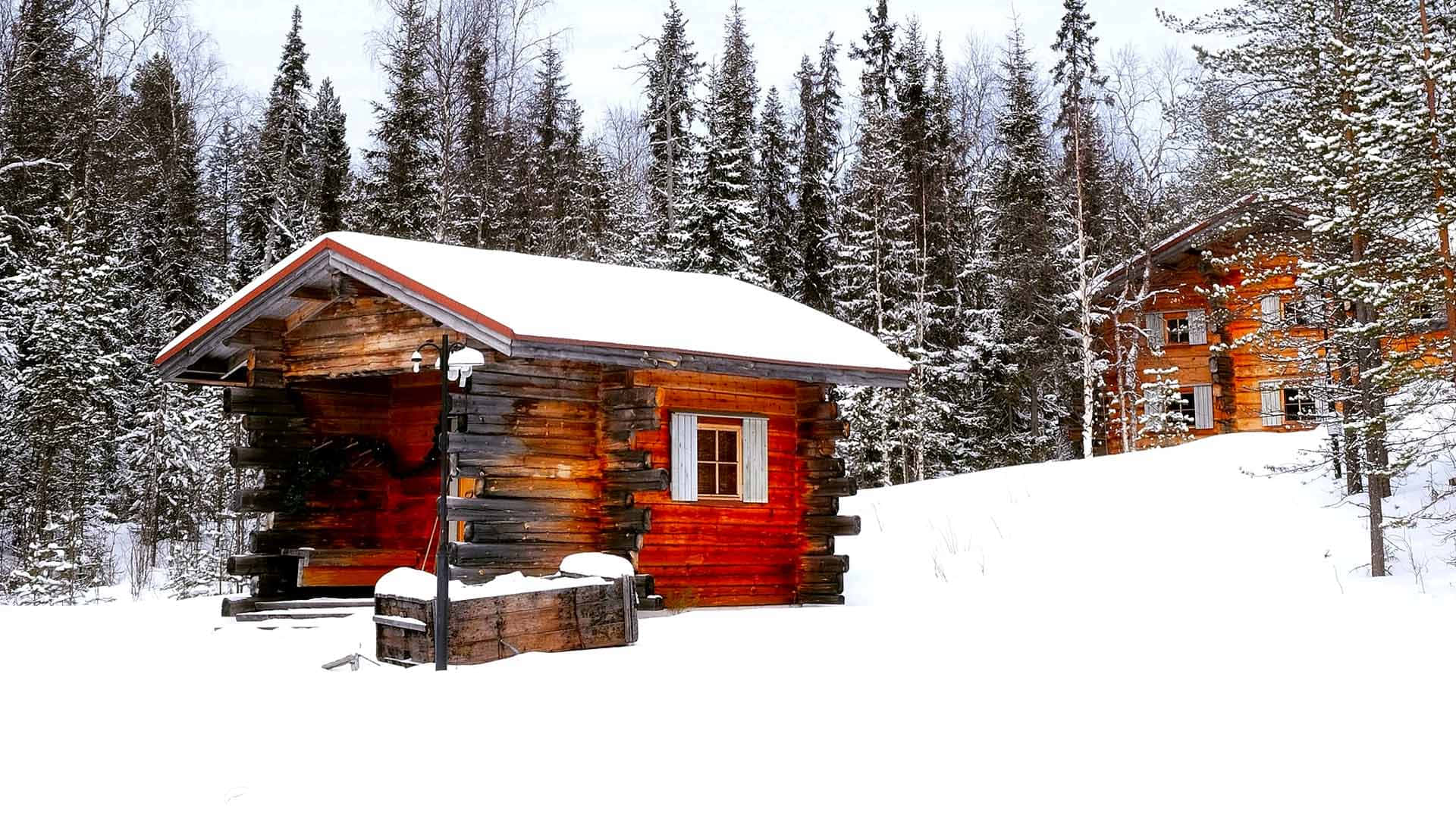 cozy winter cabin, red wooden cabin, snowy forest, Full HD Desktop Wallpaper