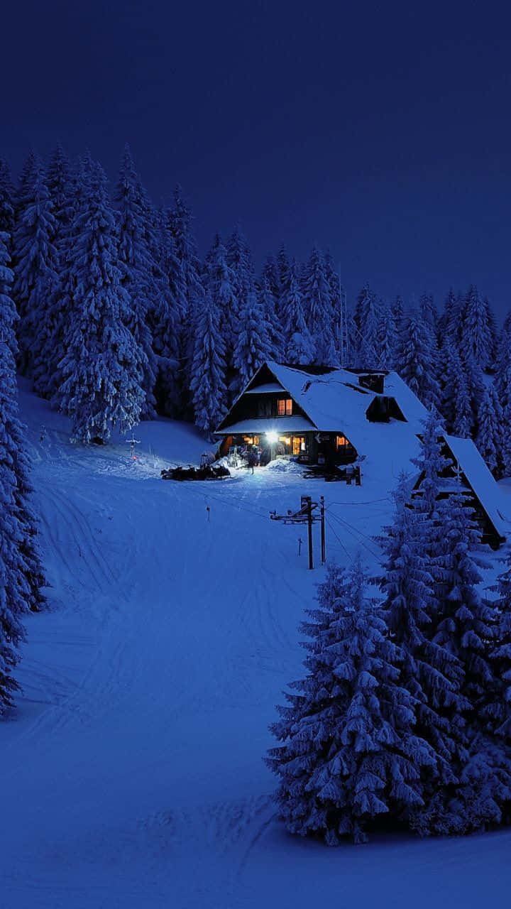 Cozy Winter Cabin, snow-covered cabin, deep blue winter night, HD Phone Wallpaper