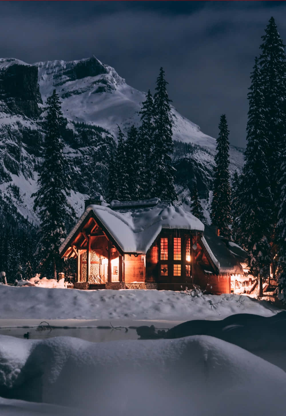cozy winter cabin, snow-covered cabin, dark mountain backdrop, HD Phone Wallpaper