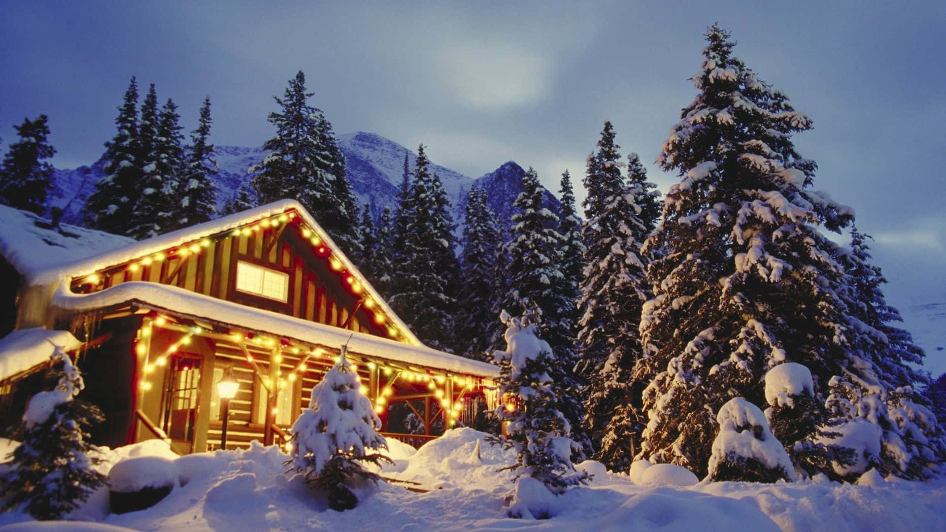cozy winter cabin, snow-covered cabin, string lights, Full HD Desktop Wallpaper